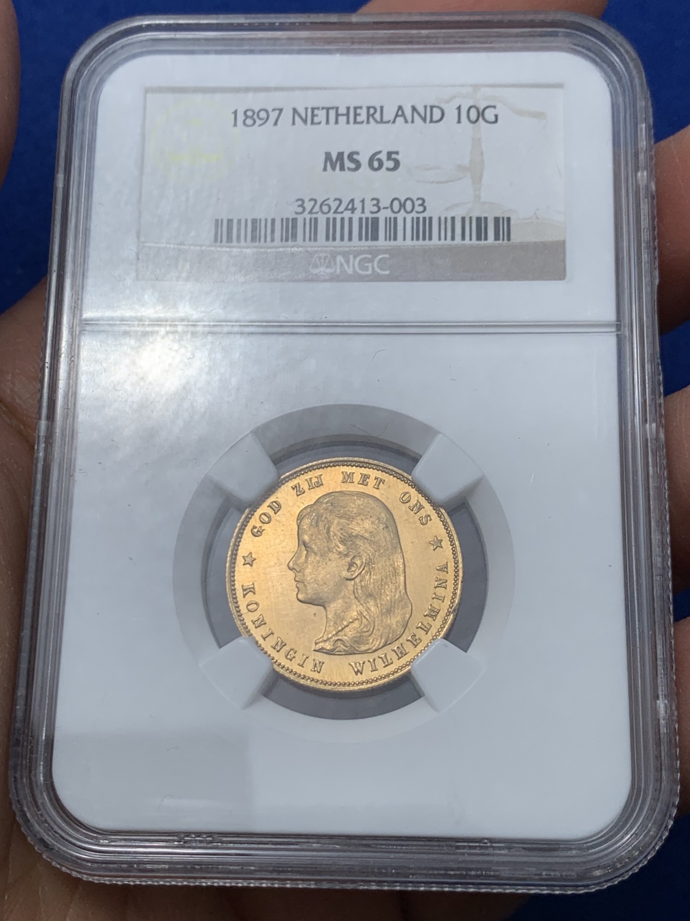 《竞宝斋》第240场-周日，周一 年终尾场 (全场包邮) NGC-MS65 NGC MS65 荷兰王国1897威廉明娜女王10盾金币 6.72克 900金 PL底板 热门大涨品种金萝莉  高分好状态