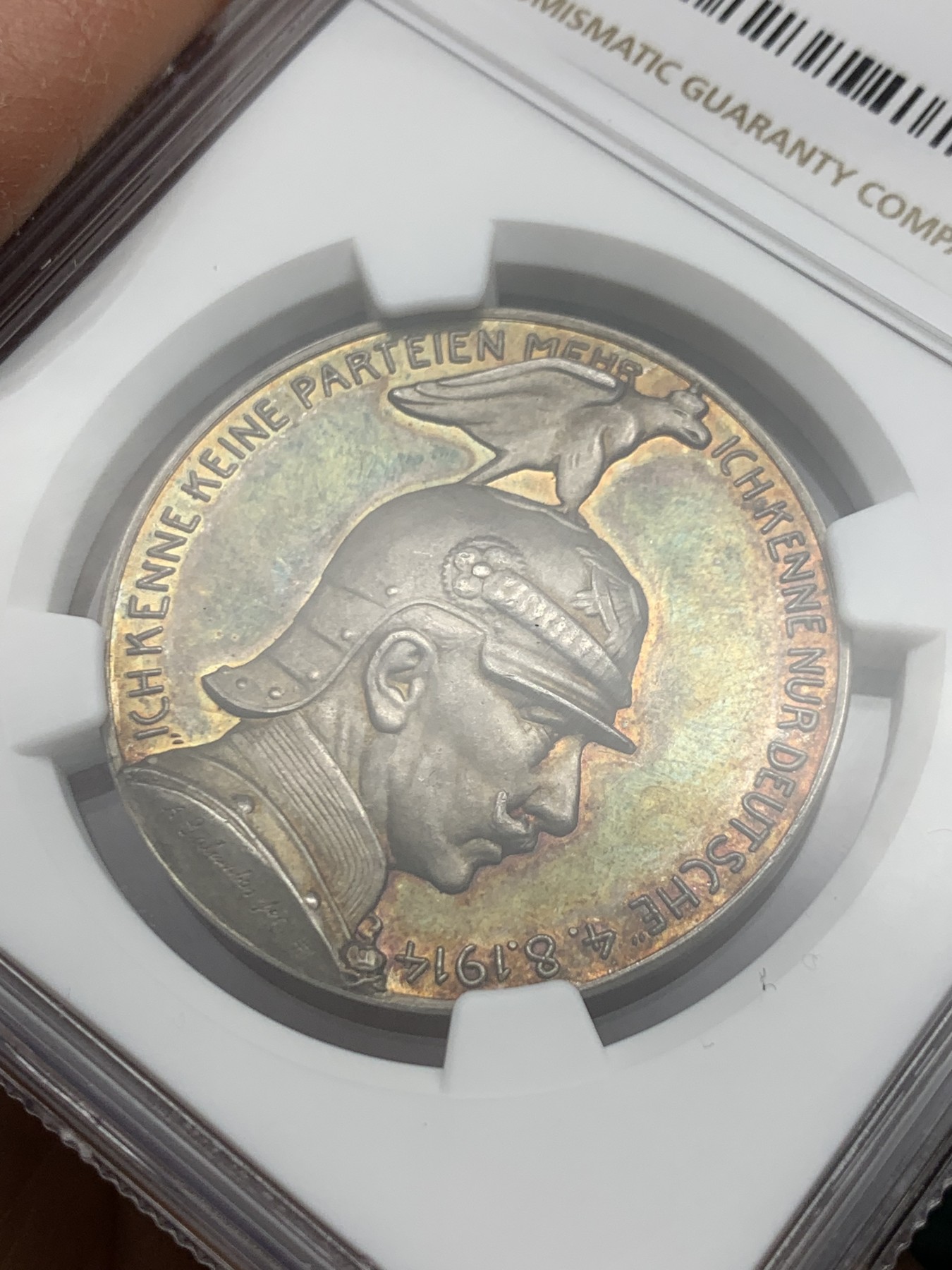 《竞宝斋》第240场-周日，周一 年终尾场 (全场包邮) NGC MS63 德国1914年威廉二世一战宣战演讲银章  NGC唯一亚军分 更高分只有一枚 同时也是PCGS亚军分 直径34.1mm,重量17.7g 高浮雕