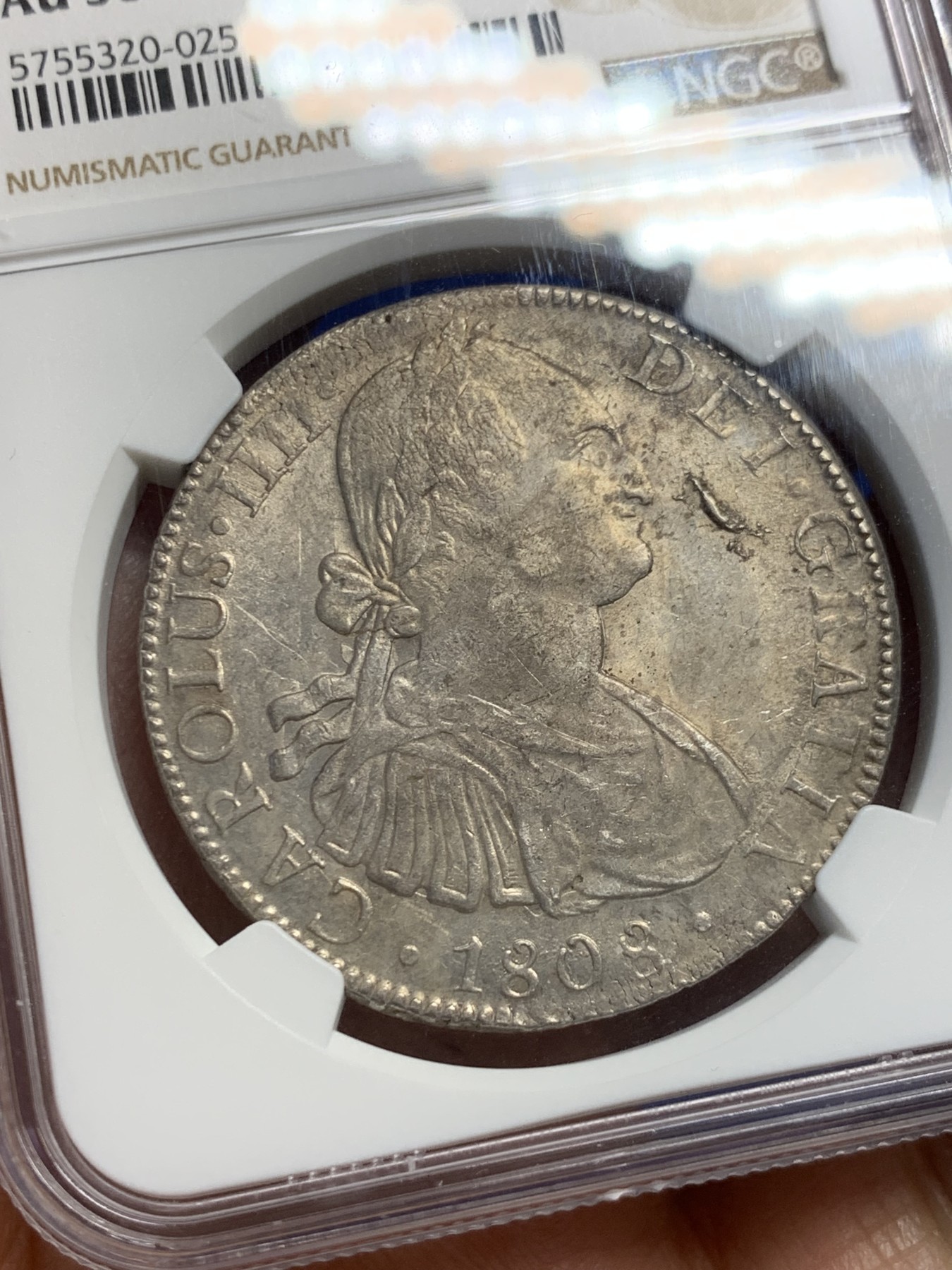 《竞宝斋》第240场-周日，周一 年终尾场 (全场包邮) NGC-AU58 西属墨西哥 1808TH厂卡洛斯四世8里亚尔银币