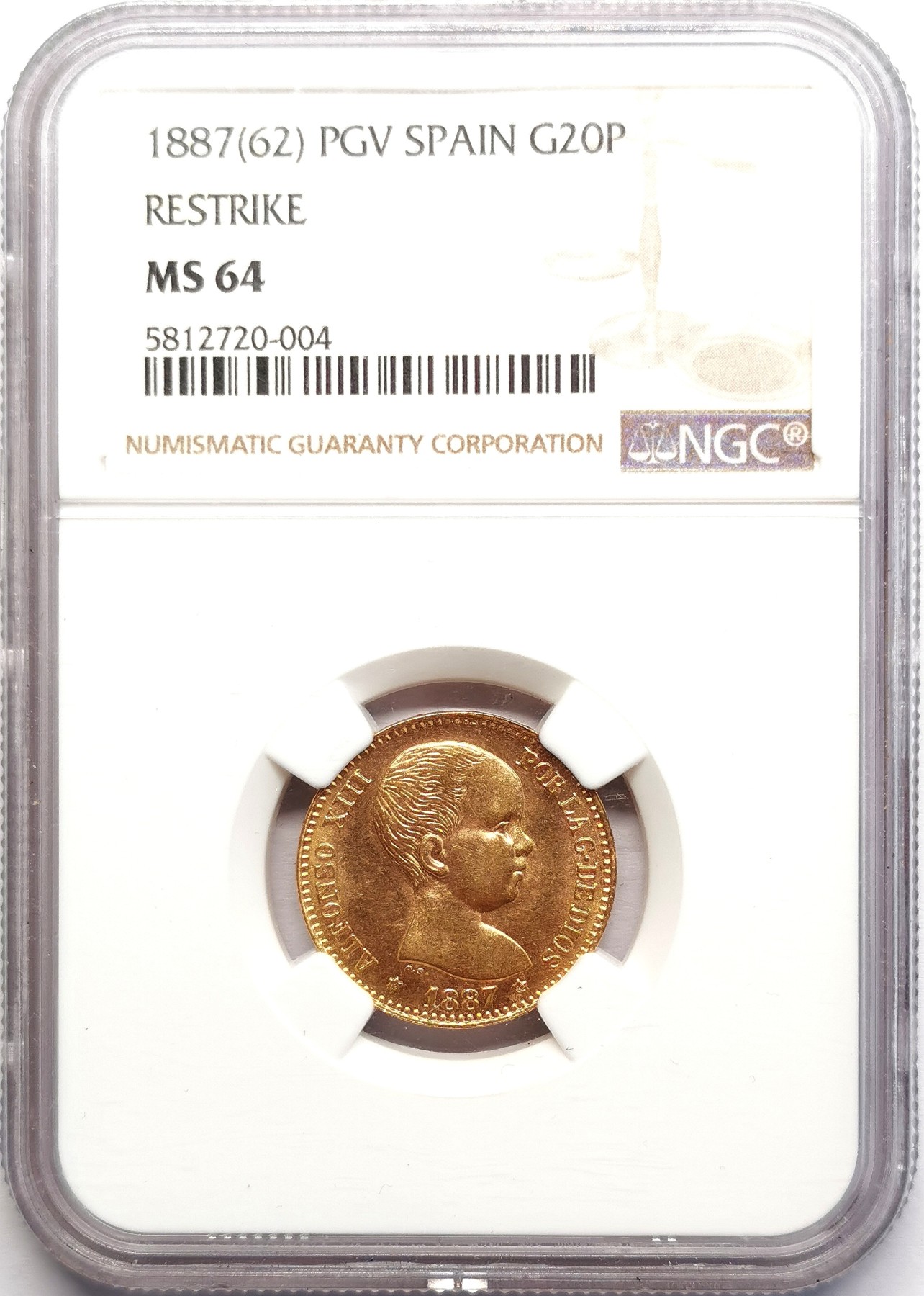 凡希社世界钱币微拍第二百六十期 1887西班牙阿丰索十三世婴孩头像20P金币NGC-MS64 6.45g,900金