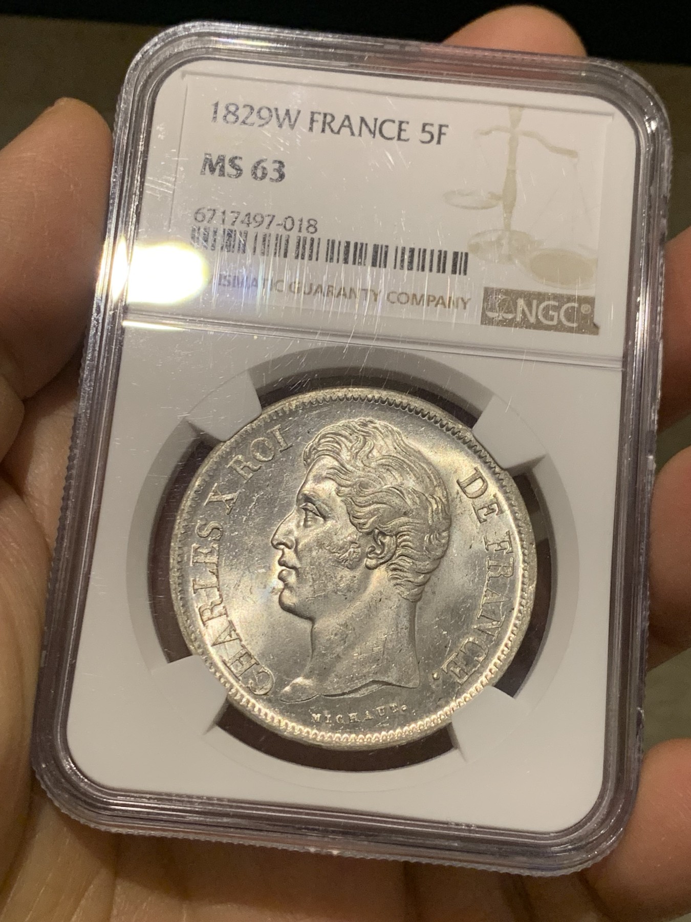 《竞宝斋》第240场-周日，周一 年终尾场 (全场包邮) NGC MS63 唯一亚军分 法国1829查理十世5法郎银币 W厂里尔铸造 原光好品未流通 十字转光凝霜感，深打制状态无敌，字口锋利