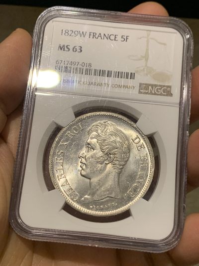 《竞宝斋》第240场-周日，周一 年终尾场 (全场包邮) - NGC MS63 唯一亚军分 法国1829查理十世5法郎银币 W厂里尔铸造 原光好品未流通 十字转光凝霜感，深打制状态无敌，字口锋利