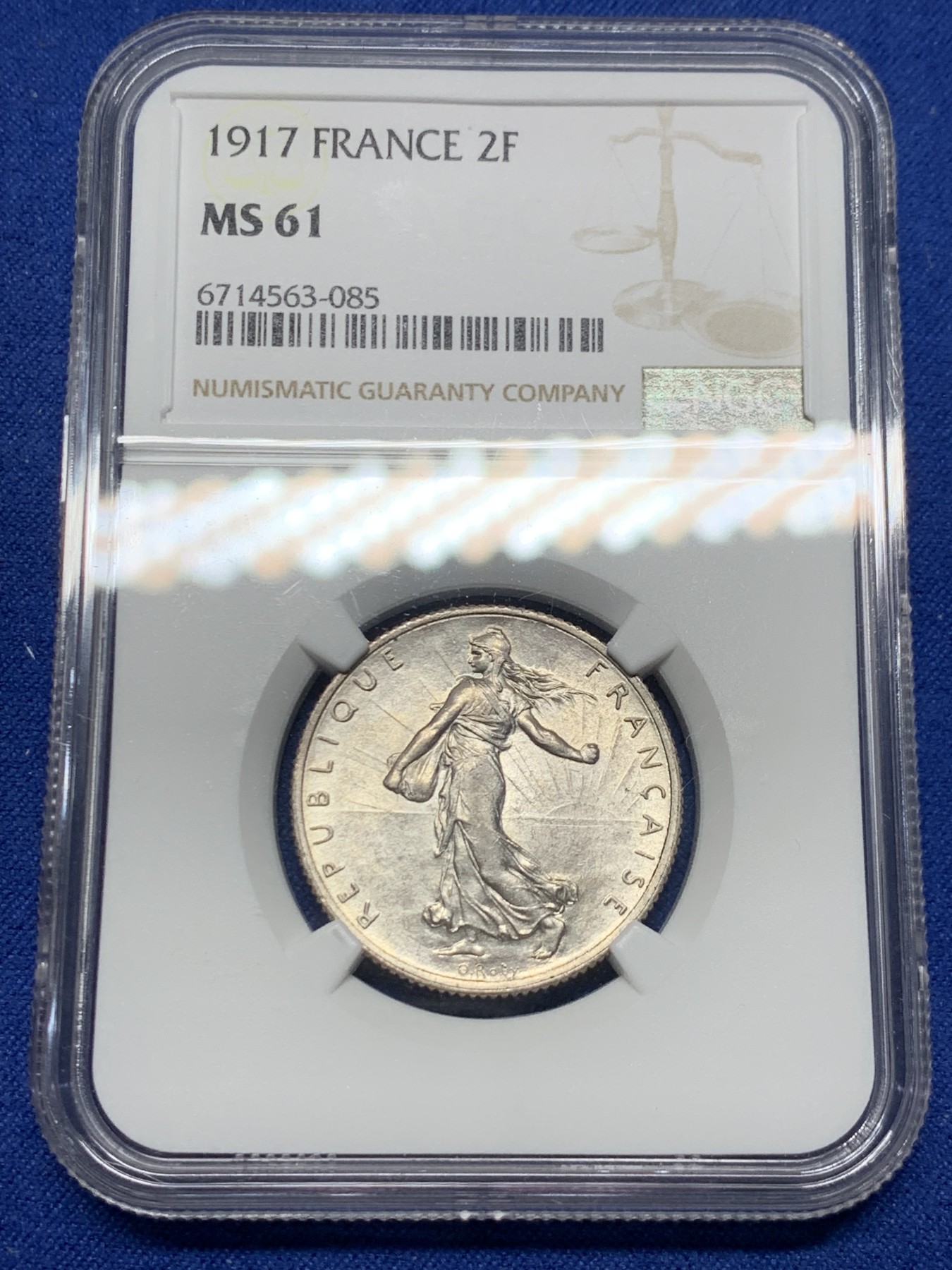 《竞宝斋》第240场-周日，周一 年终尾场 (全场包邮) NGC-MS61 法国1917年播种女神2法郎银币