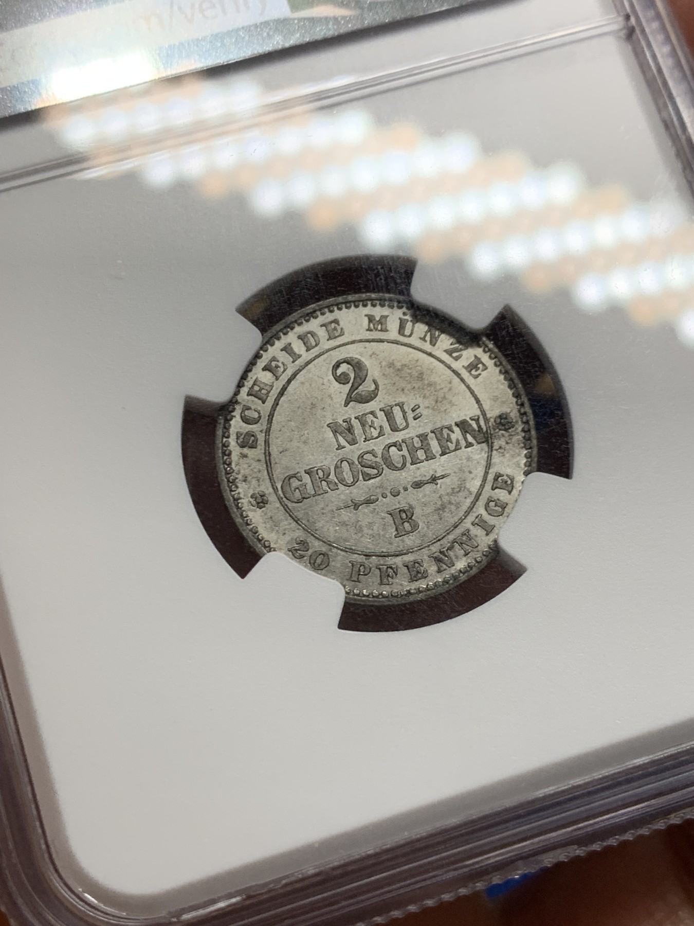 《竞宝斋》第240场-周日，周一 年终尾场 (全场包邮) NGC MS62 德国1863年萨克森2NG银币 PL底板 稀少品种 不容错过