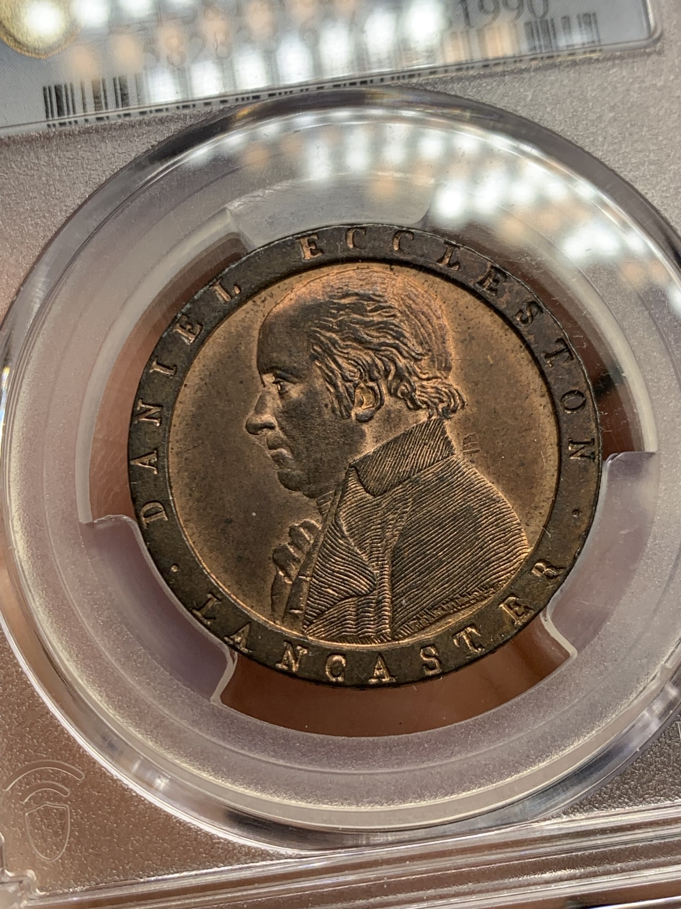 《竞宝斋》第240场-周日，周一 年终尾场 (全场包邮) PCGS MS63RB 英国1794年兰开斯特半便士铜代币 Conder Token，底板镜面效果明显，RB状态原铜光，少见状态。SOHO厂制作，大车轮便士技术鼻祖，最早采用宽边铭技术的钱币，麦稀奇63分成交含佣￥1981