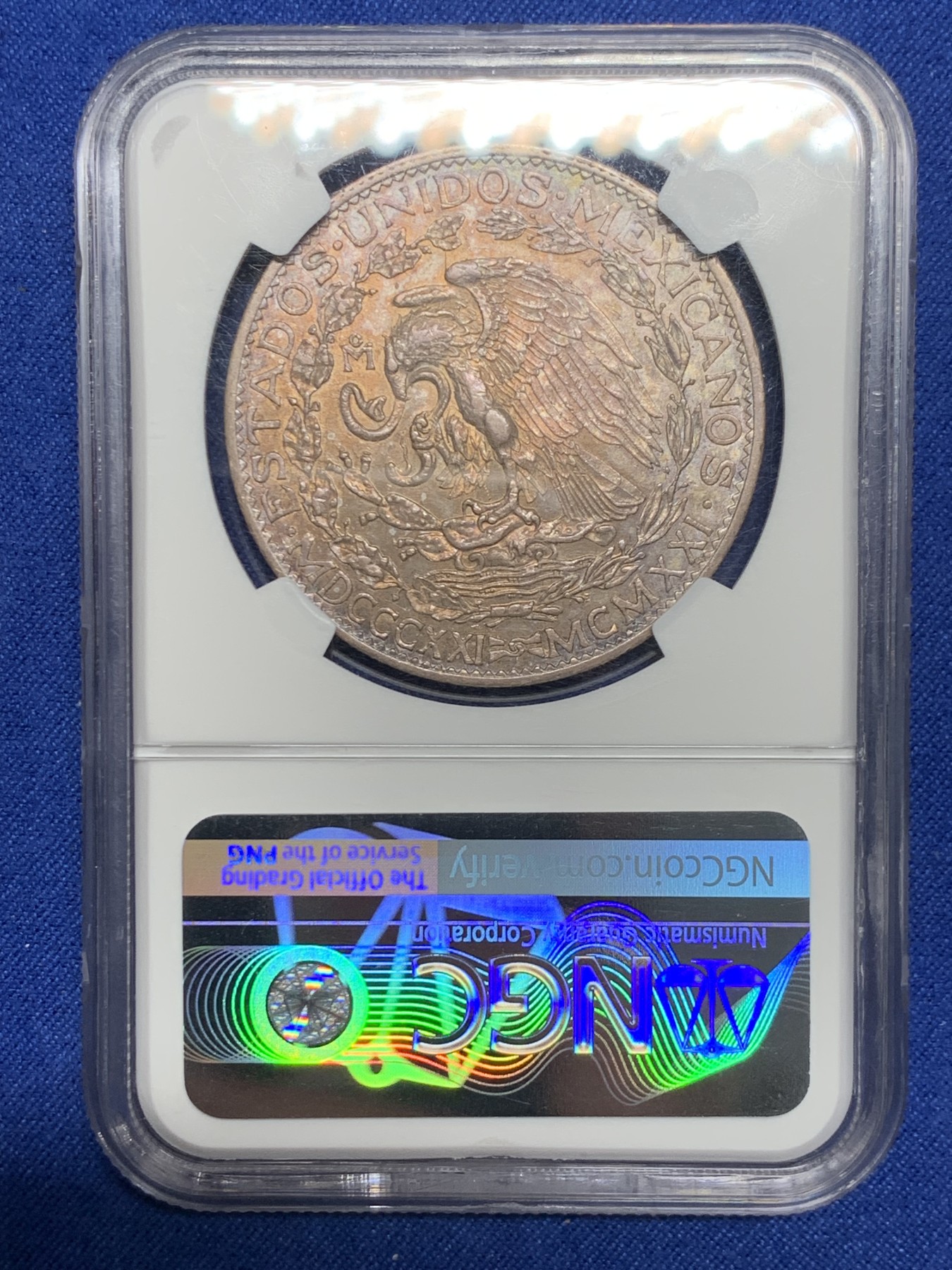 《竞宝斋》第240场-周日，周一 年终尾场 (全场包邮) NGC AU55 墨西哥1921年独立女神2比索银币 双面欧洲老五彩 早期品种 很少见的2P