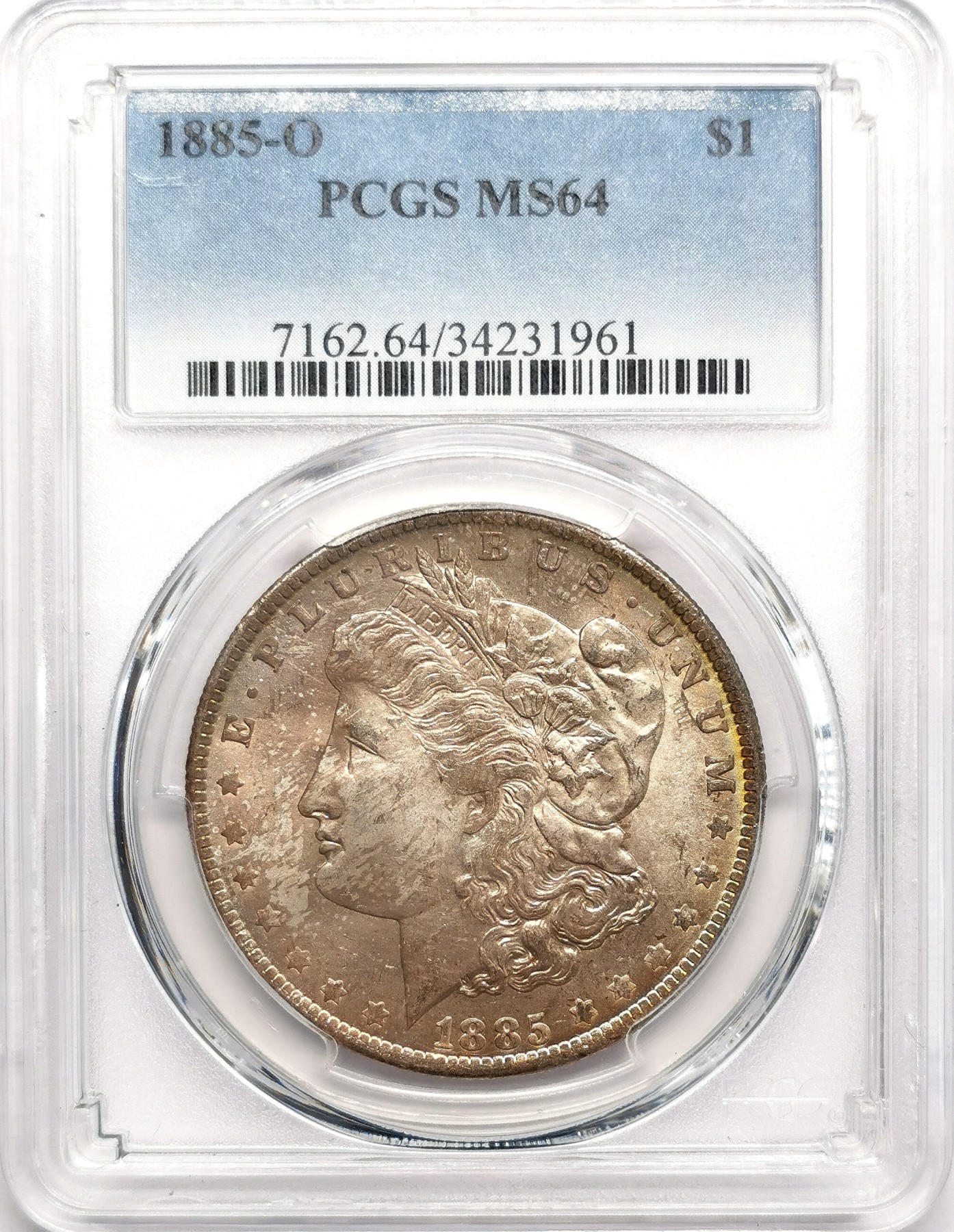 凡希社世界钱币微拍第二百六十期 （lot86-114是藏家出品摩根集藏一组，每一枚都拥有独一无二的五彩包浆，实物上手惊艳，大家不要错过机会）1885O美国摩根壹元大银PCGS-MS64 双面彩虹包浆！