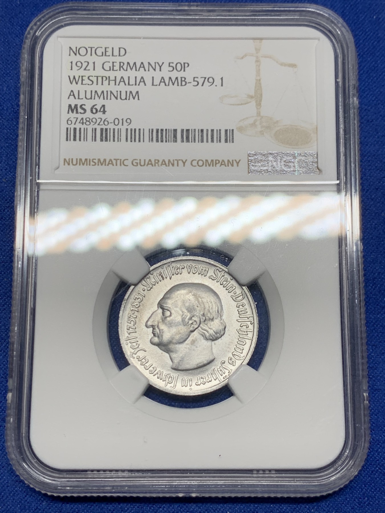 《竞宝斋》第240场-周日，周一 年终尾场 (全场包邮) NGC MS64 德国紧急状态硬币威斯特法伦1921年50芬尼马币，少见小面值，凑套必备