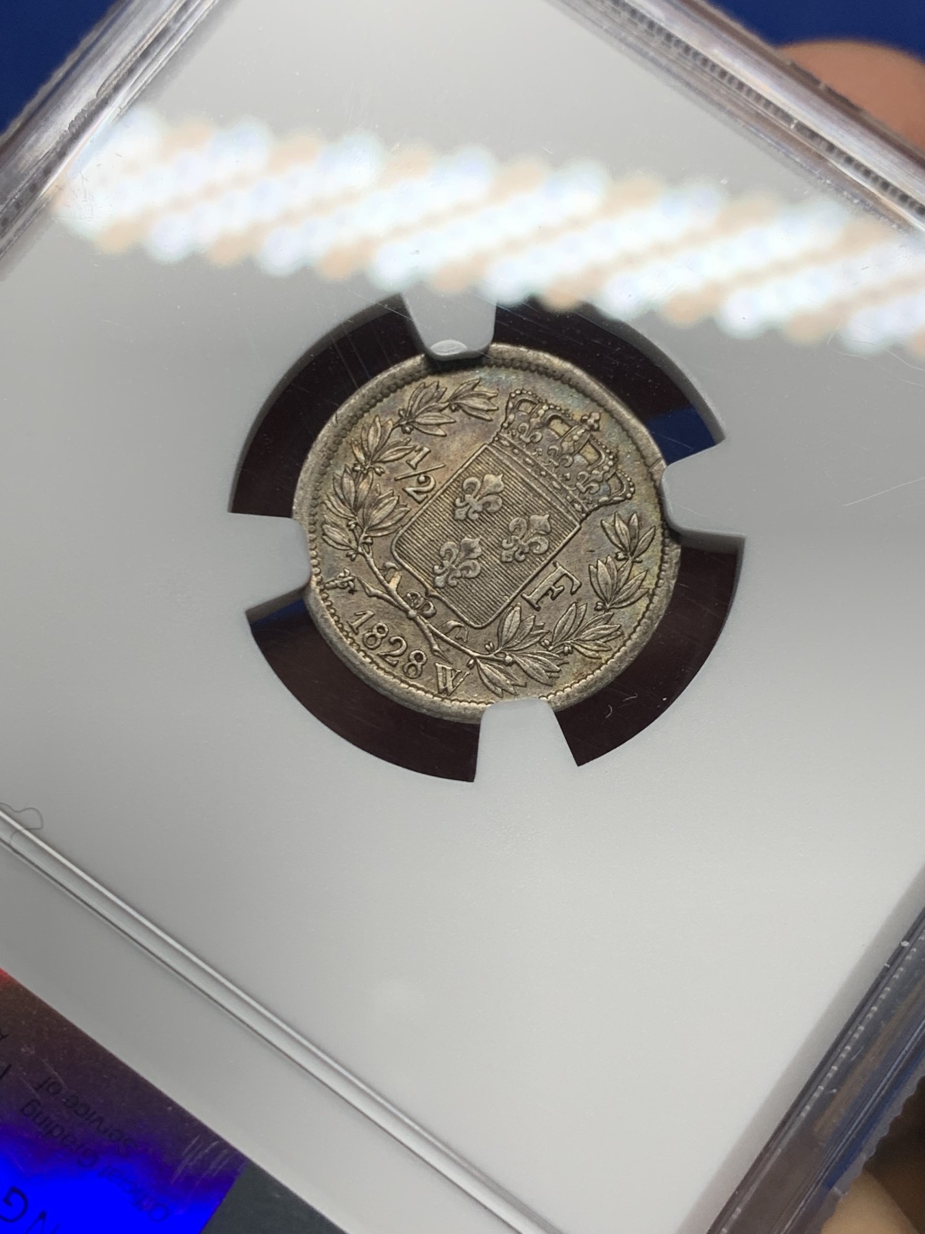 《竞宝斋》第240场-周日，周一 年终尾场 (全场包邮) NGC AU55 法国1828年W版查理十世1/2法郎银币 半法郎好品相稀有 原味老五彩