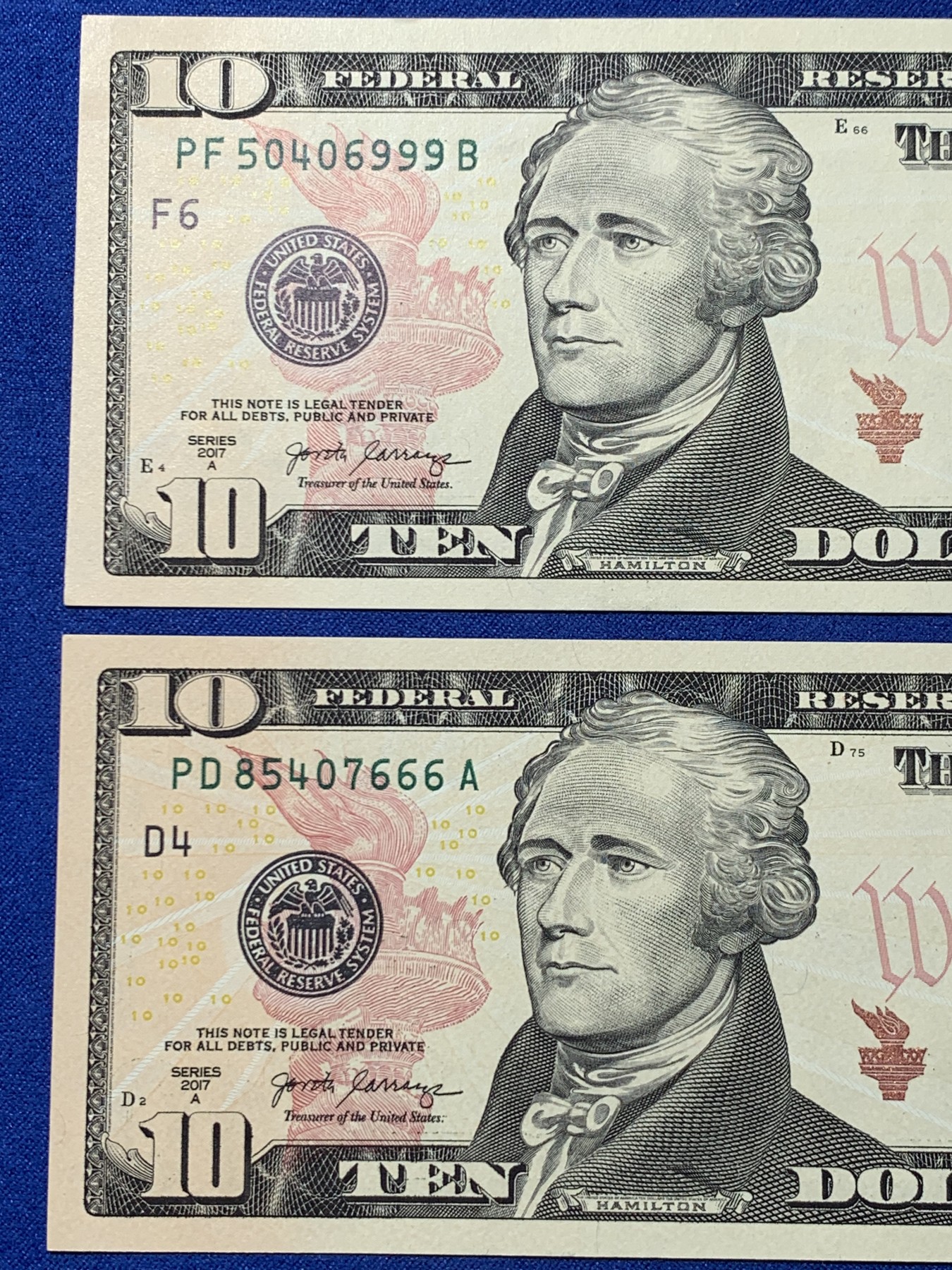 《竞宝斋》第240场-周日，周一 年终尾场 (全场包邮) UNC 美国 2017年 10美元纸币两张 全新EPQ品相 尾666豹子和999豹子 四角尖尖 细节见图