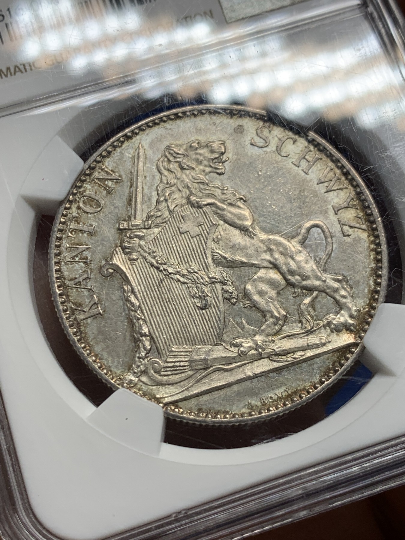 《竞宝斋》第240场-周日，周一 年终尾场 (全场包邮) NGC MS62 瑞士 1867 施维茨射击节 5法郎 银币 8000枚的发行量