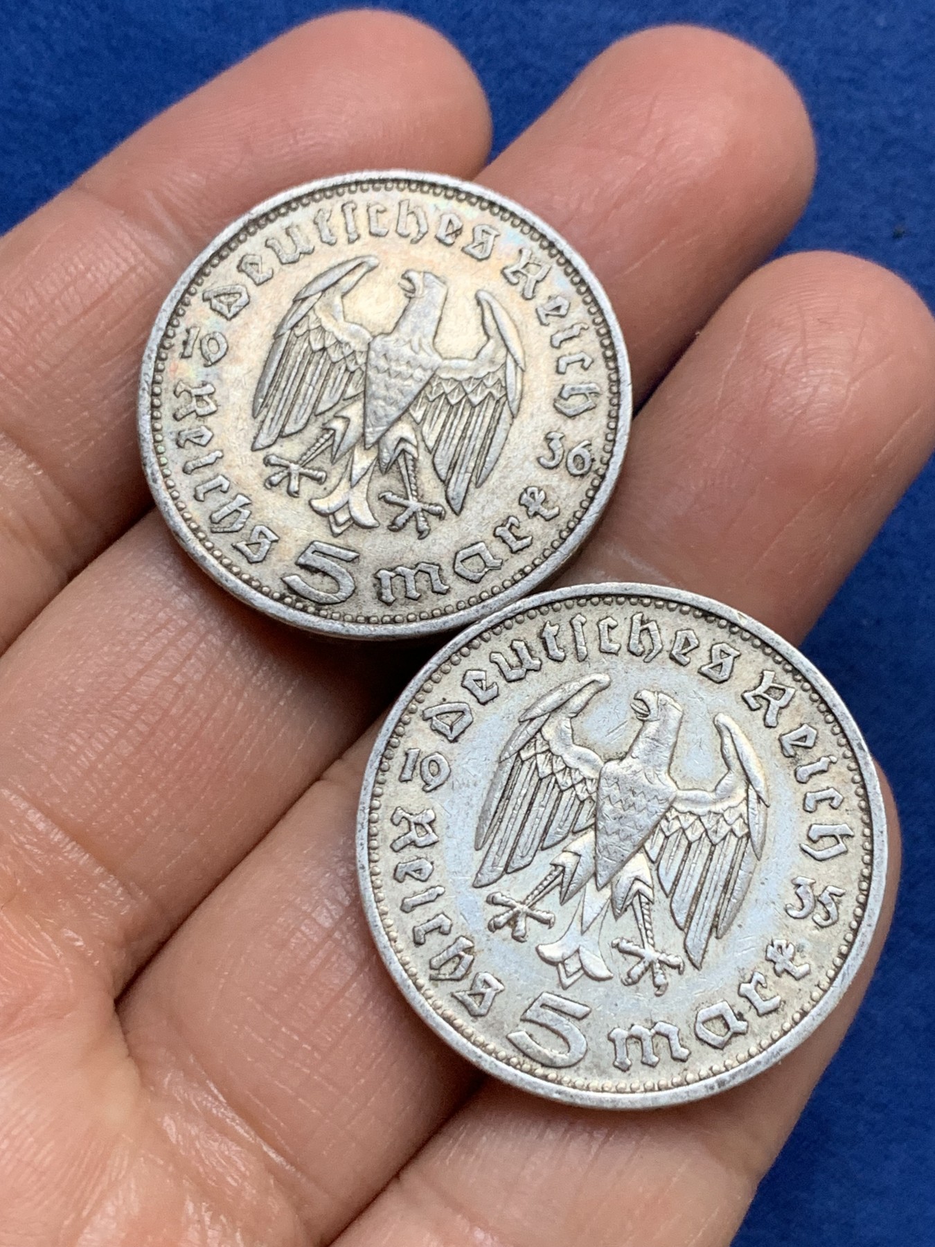 《竞宝斋》第240场-周日，周一 年终尾场 (全场包邮) 两枚一组 德国兴登堡鹰版5马克银币1935年+1936年一对
