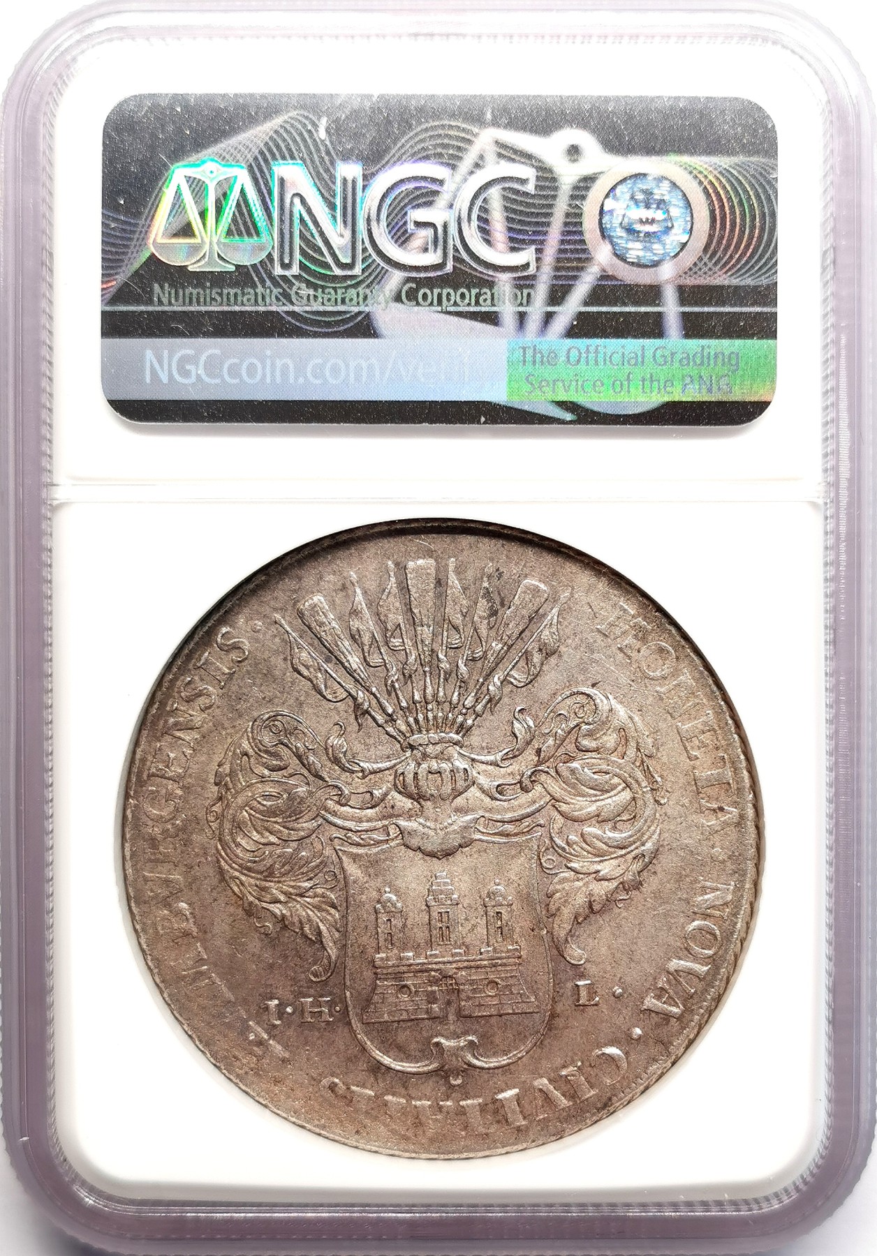 凡希社世界钱币微拍第二百六十期 荐！1735IHL汉萨同盟汉堡自由市盾徽双头鹰大型泰勒NGC-MS61 亚光灰彩，收藏级品相！