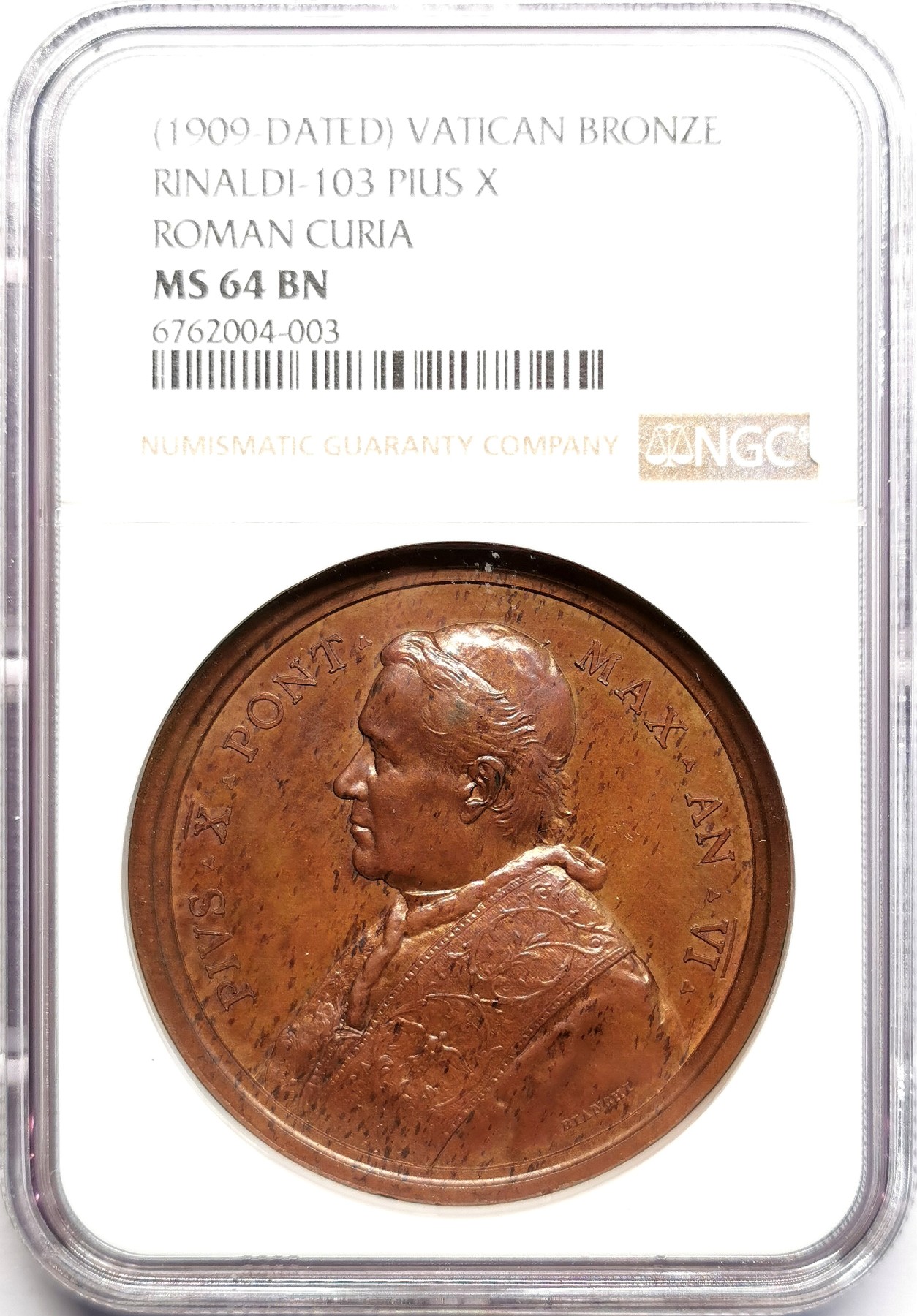 凡希社世界钱币微拍第二百六十期 1909梵蒂冈教宗庇护十世罗马教廷纪念铜章NGC-MS64 高浮雕铜色优美！