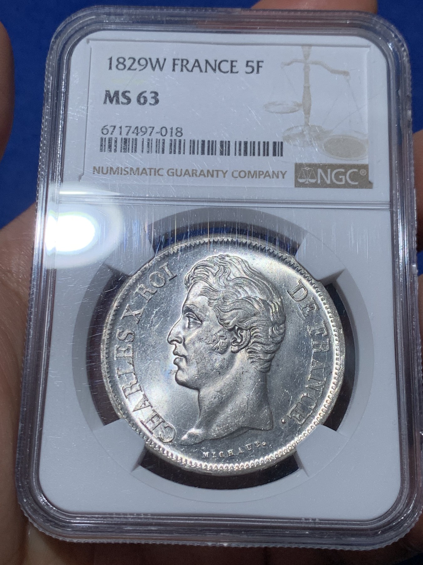 《竞宝斋》第240场-周日，周一 年终尾场 (全场包邮) NGC MS63 唯一亚军分 法国1829查理十世5法郎银币 W厂里尔铸造 原光好品未流通 十字转光凝霜感，深打制状态无敌，字口锋利