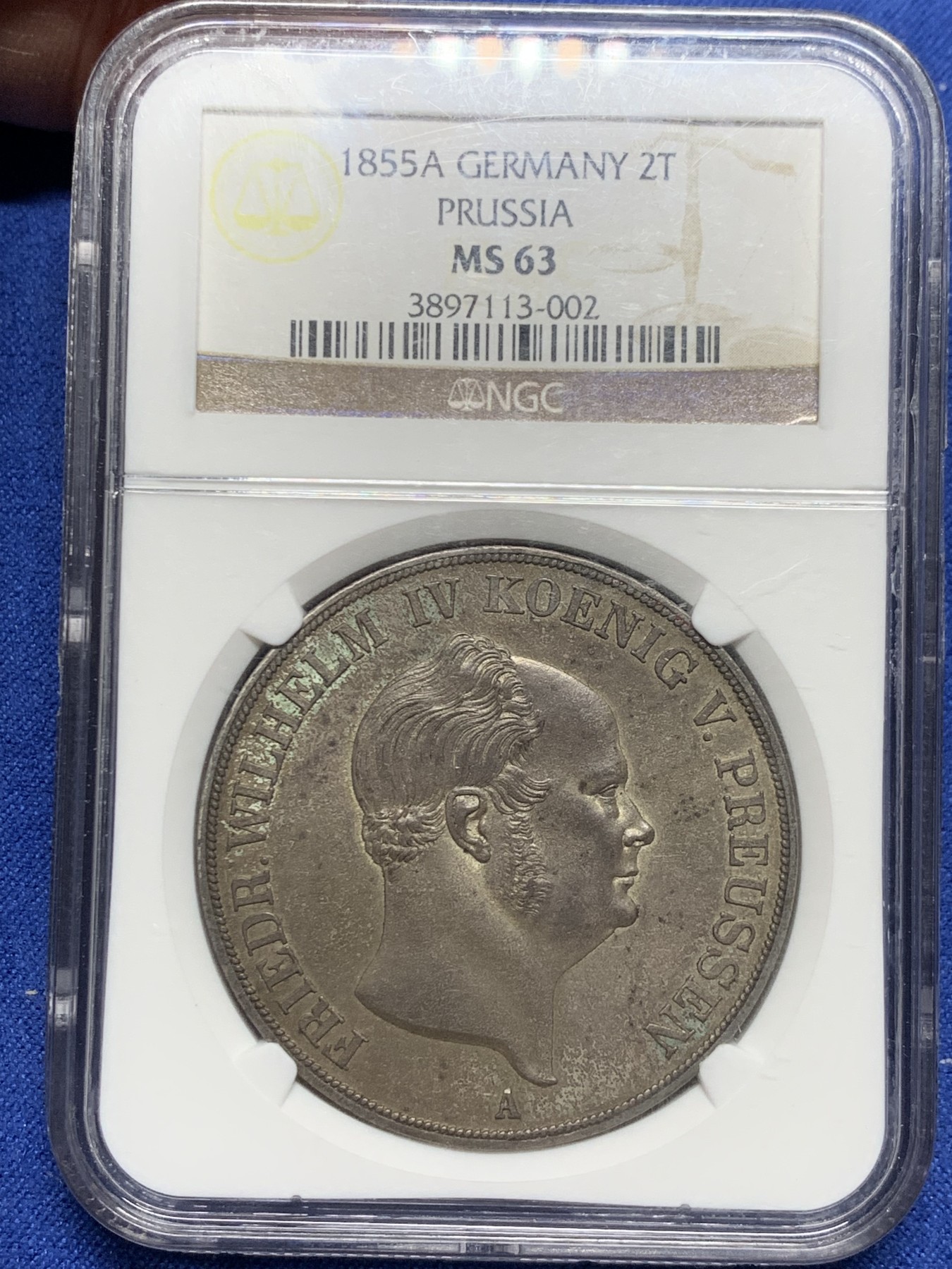 《竞宝斋》第240场-周日，周一 年终尾场 (全场包邮) NGC MS63 德国1855普鲁士 洋葱头 2泰勒大窗帘银币 老盒封装双面深彩 均匀的灰绿包浆 难得状态