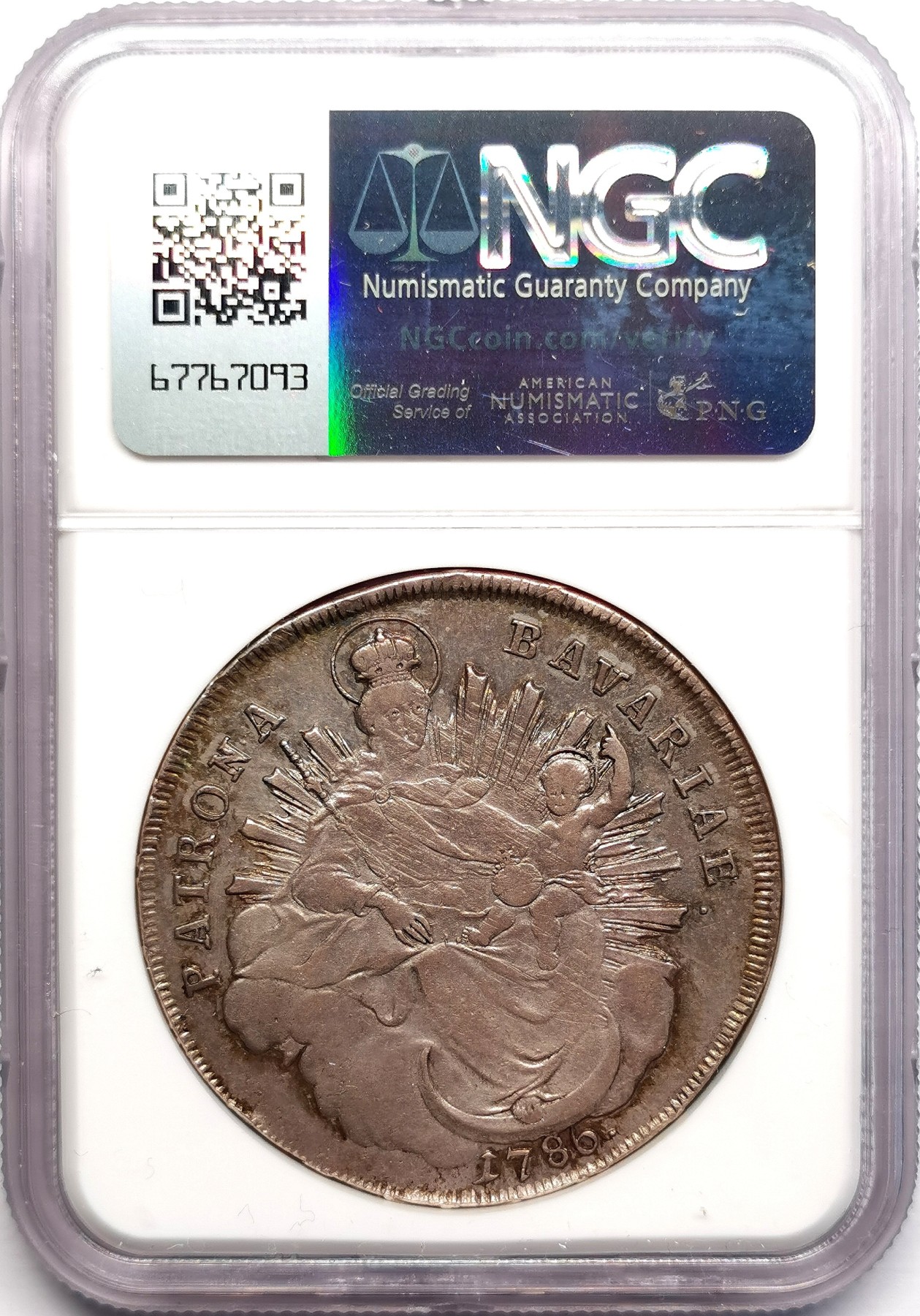 凡希社世界钱币微拍第二百六十期 1786巴伐利亚圣母子泰勒大银NGC-AU50