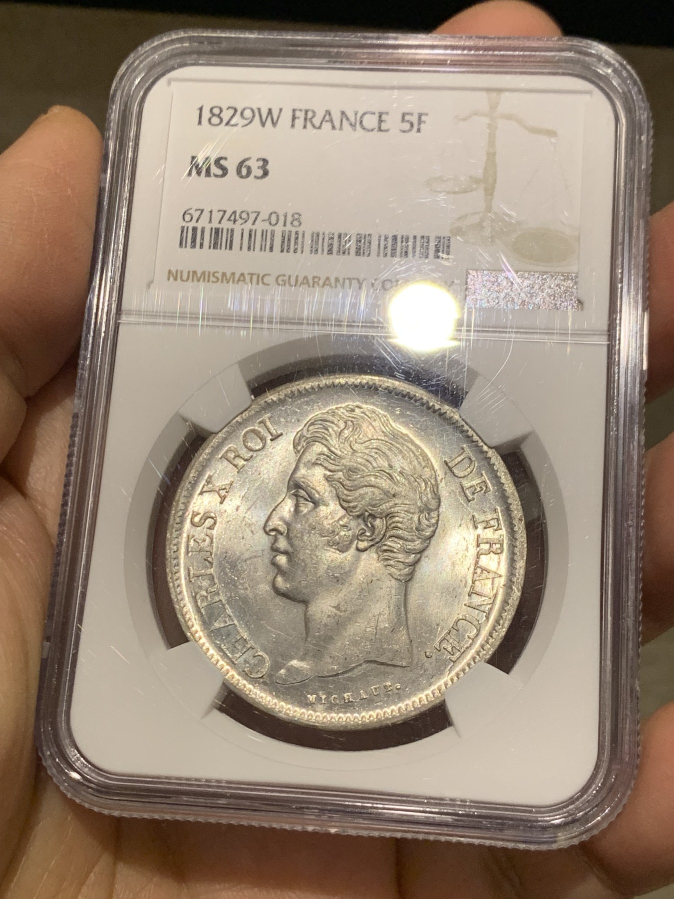 《竞宝斋》第240场-周日，周一 年终尾场 (全场包邮) NGC MS63 唯一亚军分 法国1829查理十世5法郎银币 W厂里尔铸造 原光好品未流通 十字转光凝霜感，深打制状态无敌，字口锋利