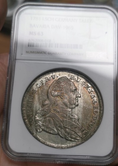 凡希社世界钱币微拍第二百六十期 荐！1781巴伐利亚选侯国卡尔·提奥多背圣母子泰勒大银NGC-MS63，DAV1965，KM#260.3，灰金双色包浆！