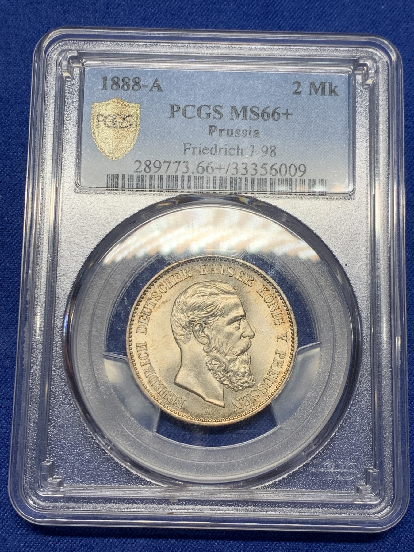 《竞宝斋》第240场-周日，周一 年终尾场 (全场包邮) PCGS-MS66+ 德国普鲁士1888三皇年弗里德里希三世短翅鹰2马克银币，高分难得，转光强烈。