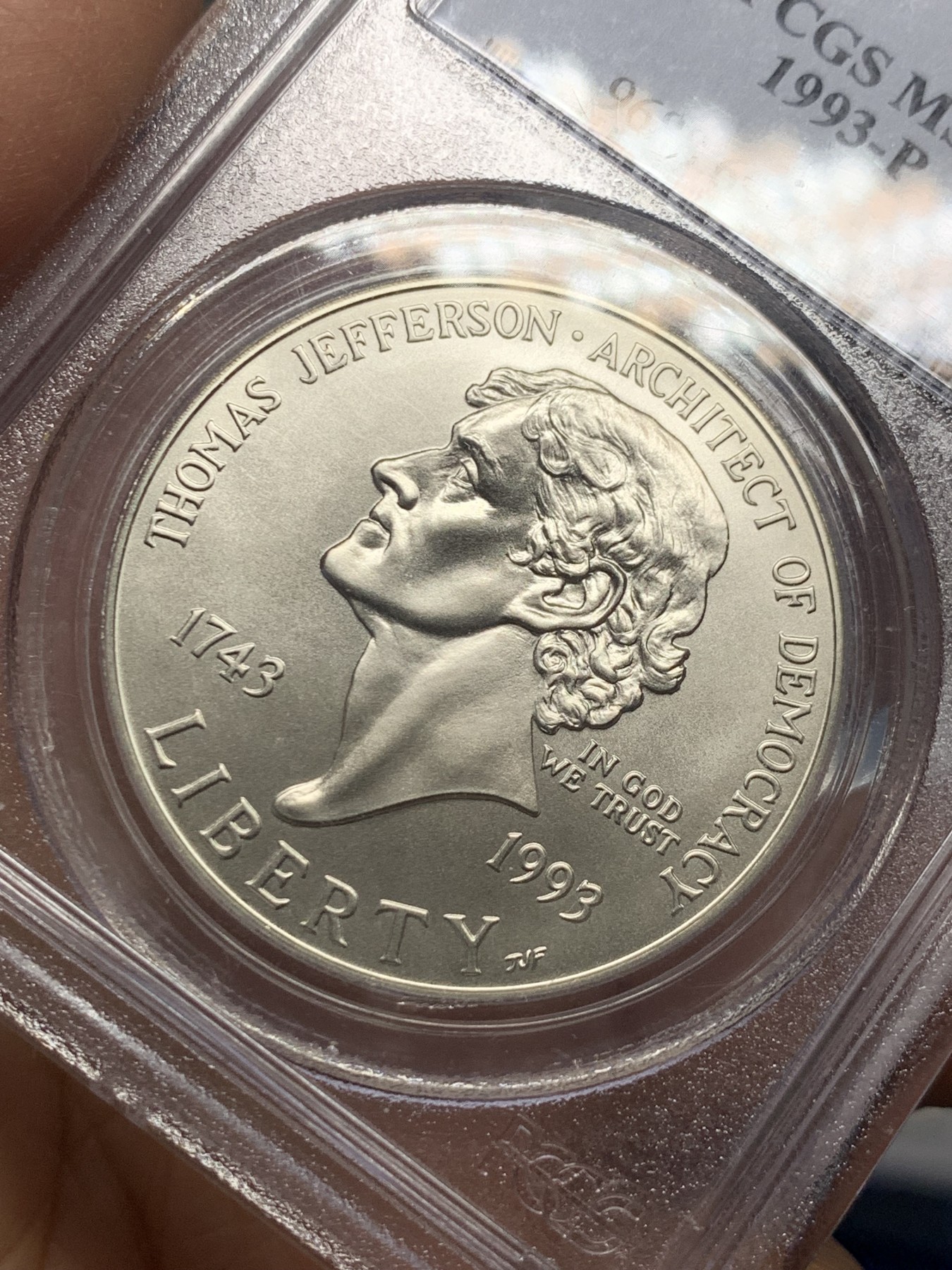 《竞宝斋》第240场-周日，周一 年终尾场 (全场包邮) PCGS MS69 美国1993年托马斯杰斐逊总统诞辰250周年纪念磨砂银币 克劳斯最具历史意义币