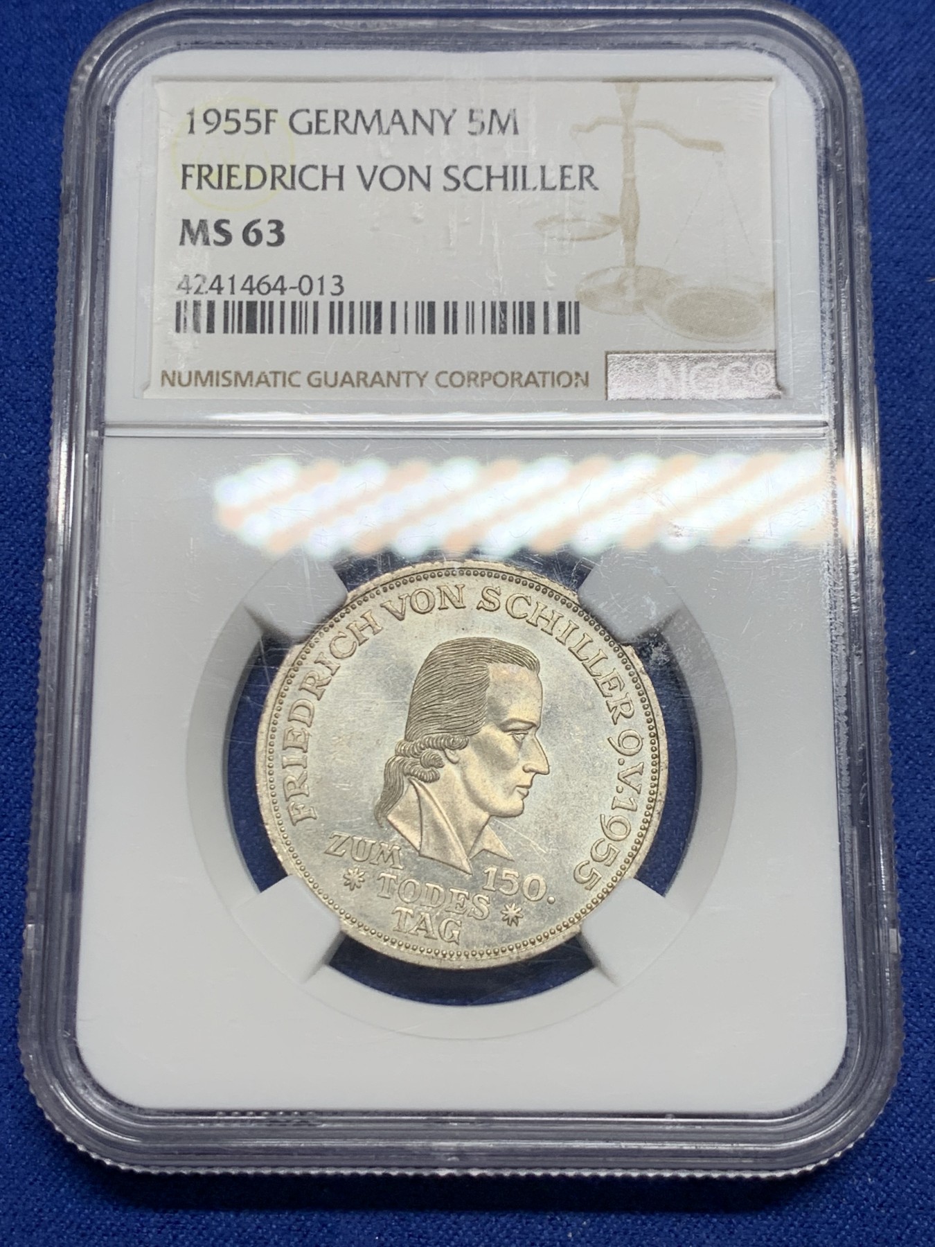 《竞宝斋》第240场-周日，周一 年终尾场 (全场包邮) NGC MS63 1955年联邦德国席勒纪念5马克银币，西德五大天王之一