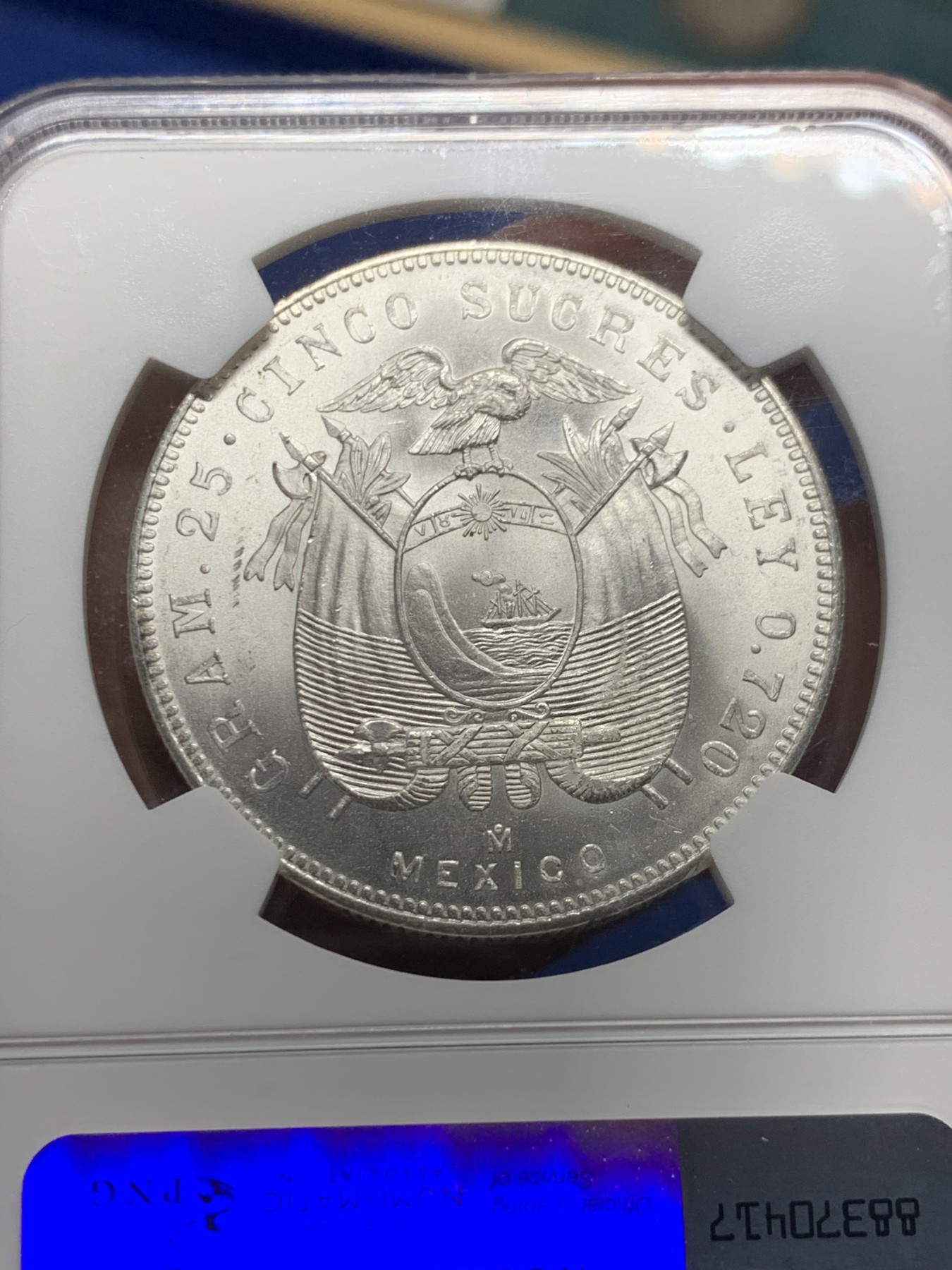 《竞宝斋》第240场-周日，周一 年终尾场 (全场包邮) NGC-MS63 厄瓜多尔 1944年5苏克雷银币 方便面头 卷拆爆光品相 闪闪发亮