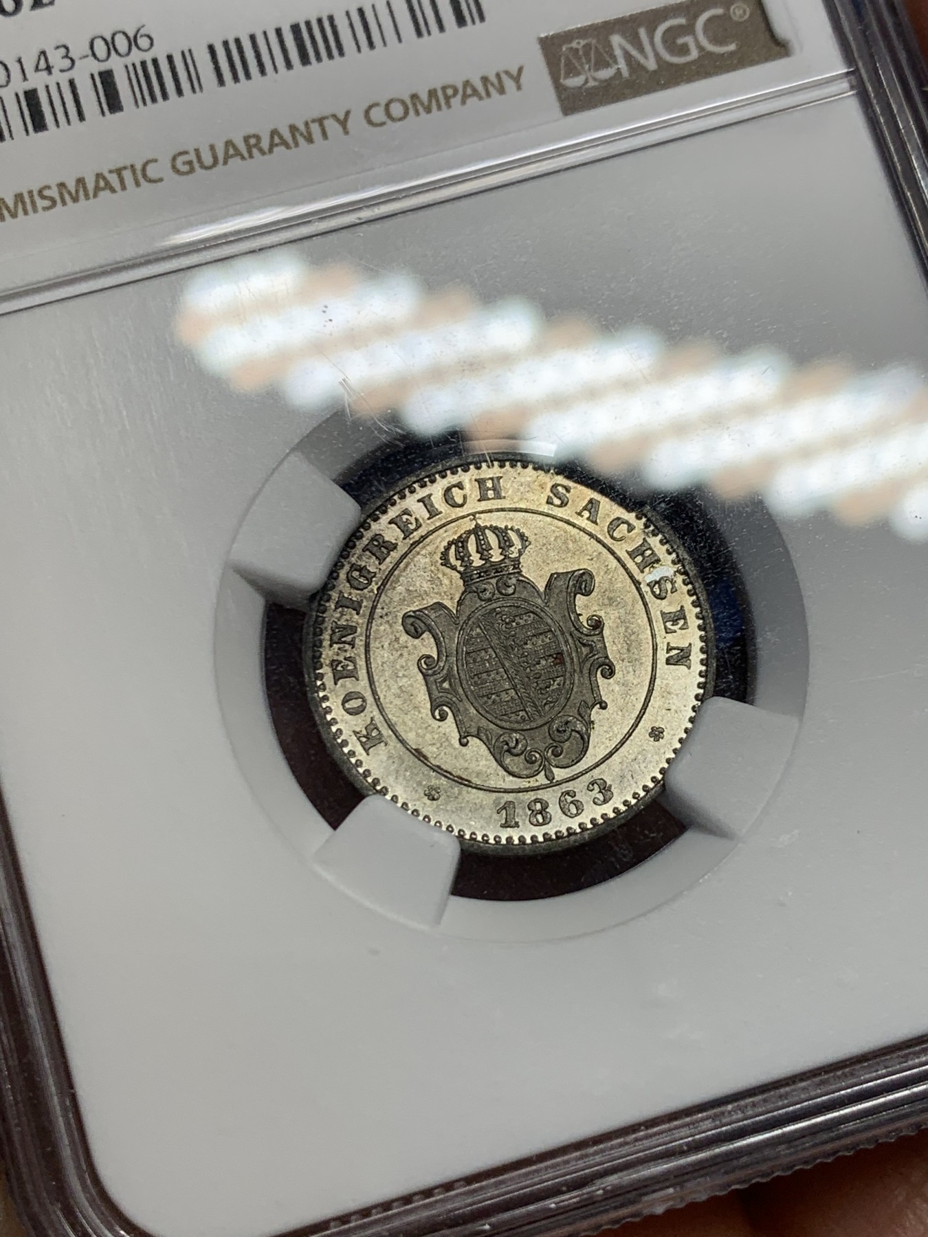 《竞宝斋》第240场-周日，周一 年终尾场 (全场包邮) NGC MS62 德国1863年萨克森2NG银币 PL底板 稀少品种 不容错过