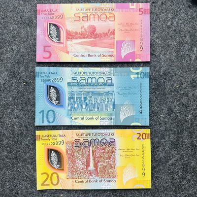 125th 萨摩亚2023-2024年5-10-20塔拉塑料钞和巴布亚新几内亚2024年50基纳塑料钞，纪念钞 - 萨摩亚2023年5-10-20塔拉，尾三同，尾三同，尾899