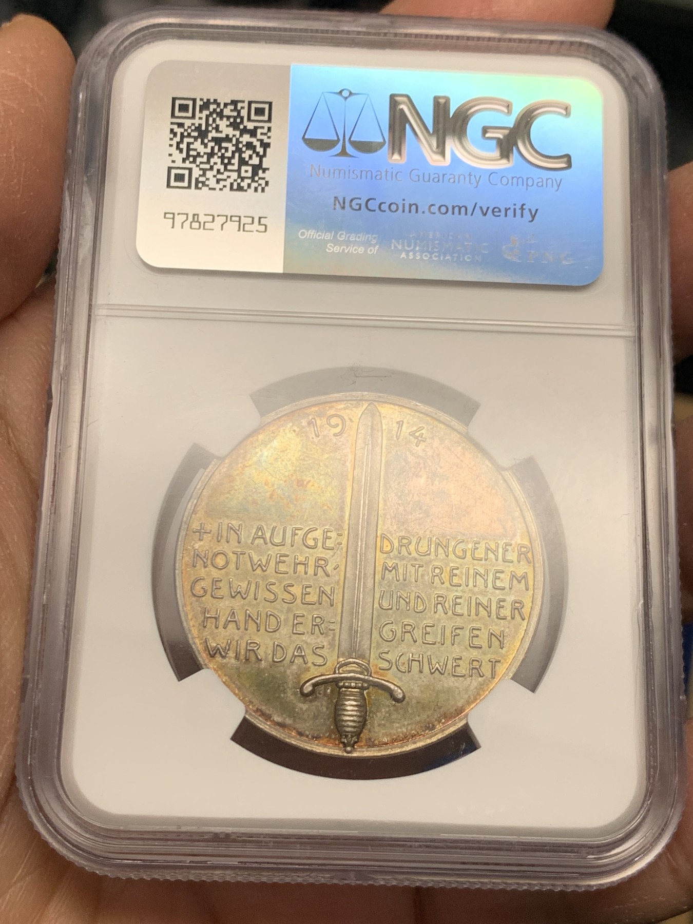 《竞宝斋》第240场-周日，周一 年终尾场 (全场包邮) NGC MS63 德国1914年威廉二世一战宣战演讲银章  NGC唯一亚军分 更高分只有一枚 同时也是PCGS亚军分 直径34.1mm,重量17.7g 高浮雕