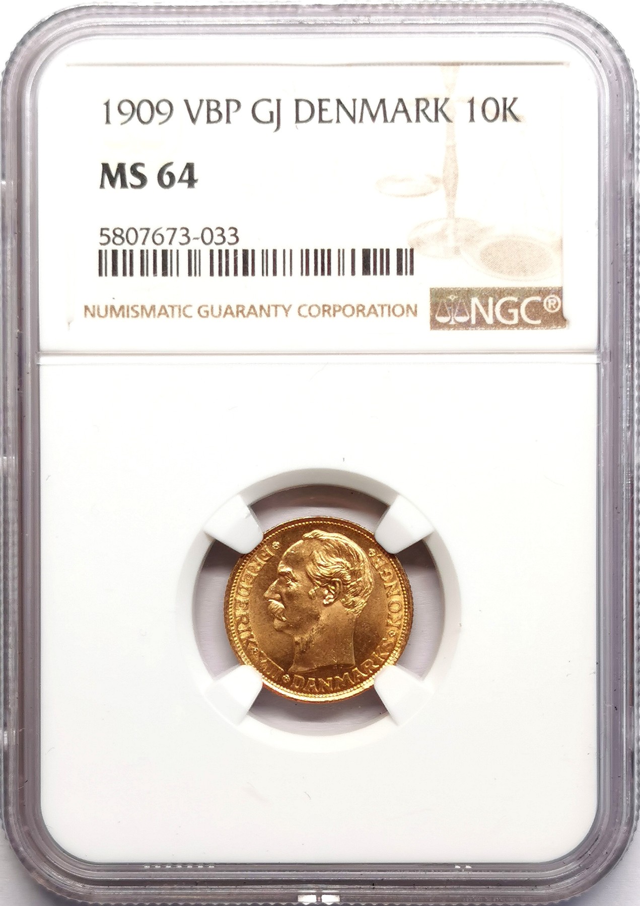 凡希社世界钱币微拍第二百六十期 1909丹麦弗里德里克八世10克朗金币NGC-MS64 4.48g,900金