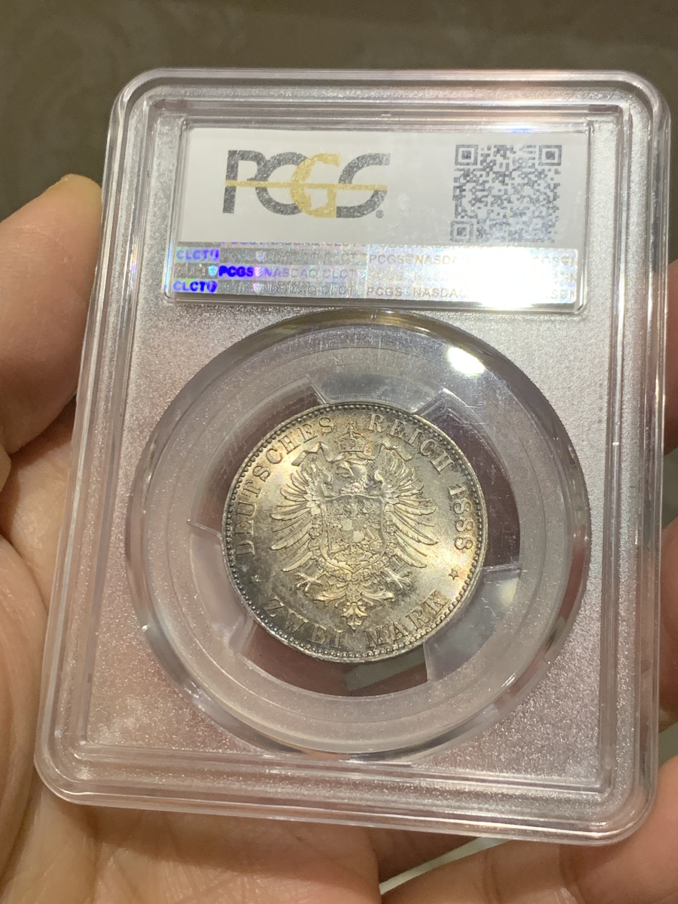 《竞宝斋》第240场-周日，周一 年终尾场 (全场包邮) PCGS-MS66+ 德国普鲁士1888三皇年弗里德里希三世短翅鹰2马克银币，高分难得，转光强烈。