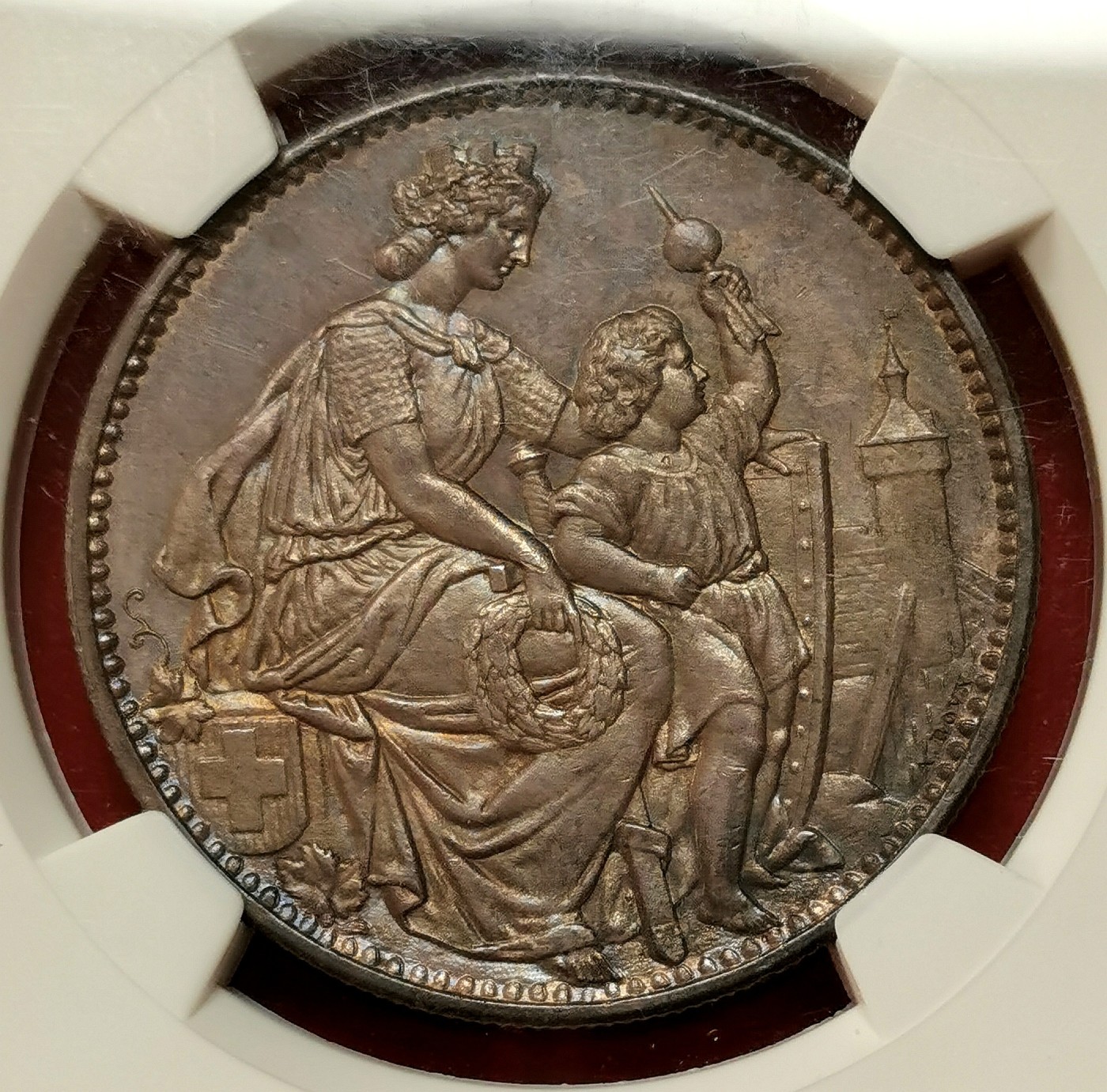 凡希社世界钱币微拍第二百六十期 1865瑞士沙夫豪森射击节5法郎大银NGC-MS65 双面酱彩高分顶级品相！！