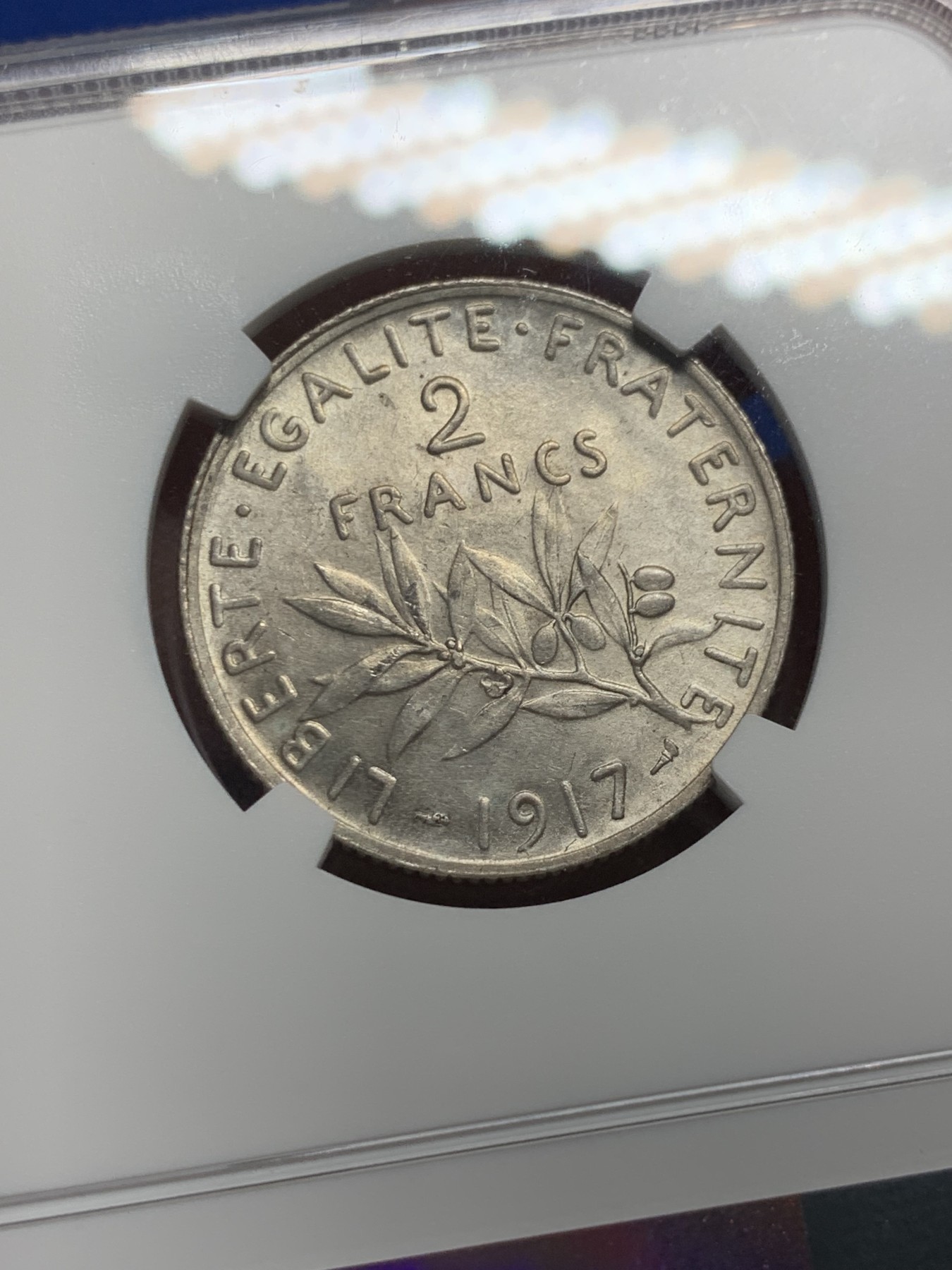 《竞宝斋》第240场-周日，周一 年终尾场 (全场包邮) NGC-MS61 法国1917年播种女神2法郎银币