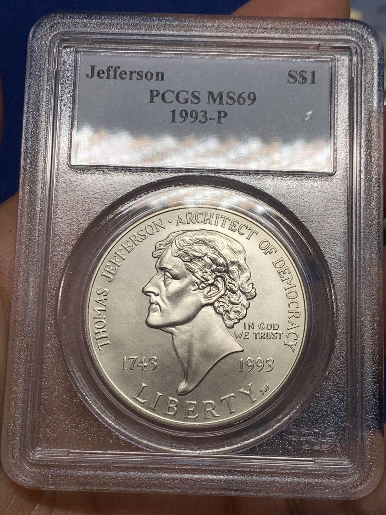 《竞宝斋》第240场-周日，周一 年终尾场 (全场包邮) PCGS MS69 美国1993年托马斯杰斐逊总统诞辰250周年纪念磨砂银币 克劳斯最具历史意义币