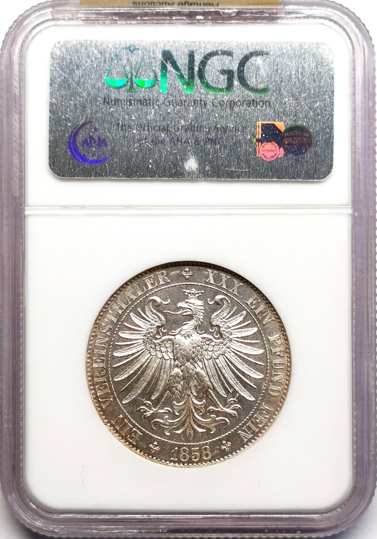 凡希社世界钱币微拍第二百六十期 荐！1858法兰克福绳圈版少女泰勒NGC-MS64 稀有的绳圈版，仅发行两年铸量12,000枚，书价是普通无绳圈版的四倍，实物有强烈的PL类镜面效果！