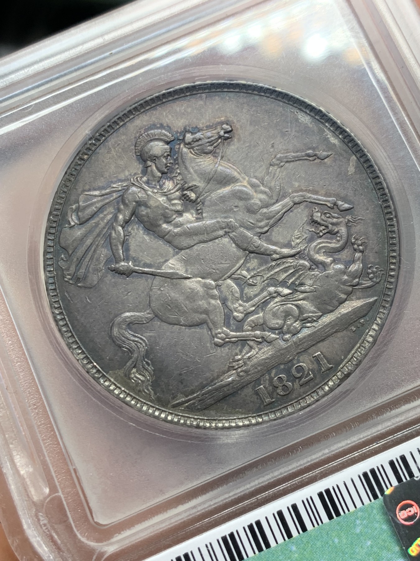 《竞宝斋》第240场-周日，周一 年终尾场 (全场包邮) ICG AU55 英国1821年马剑银币，淡蓝包浆超级状态