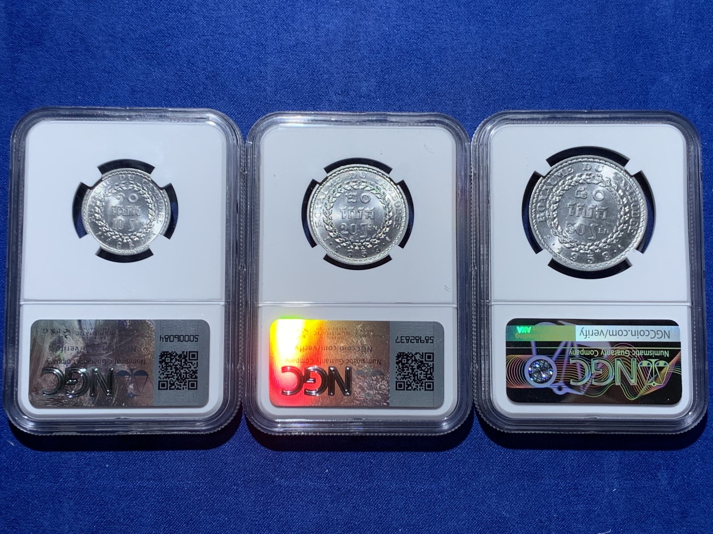 《竞宝斋》第240场-周日，周一 年终尾场 (全场包邮) 3枚一组 NGC MS65-66分 柬埔寨1959年全套，高分好光一步到位！