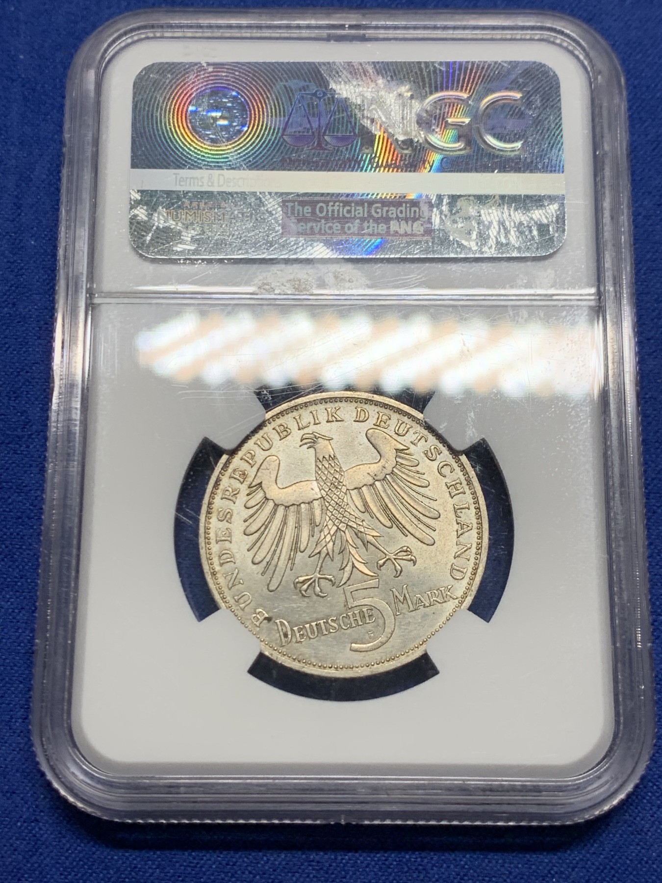 《竞宝斋》第240场-周日，周一 年终尾场 (全场包邮) NGC MS63 1955年联邦德国席勒纪念5马克银币，西德五大天王之一