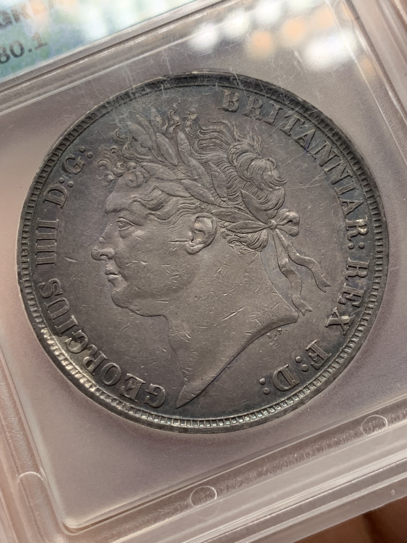 《竞宝斋》第240场-周日，周一 年终尾场 (全场包邮) ICG AU55 英国1821年马剑银币，淡蓝包浆超级状态