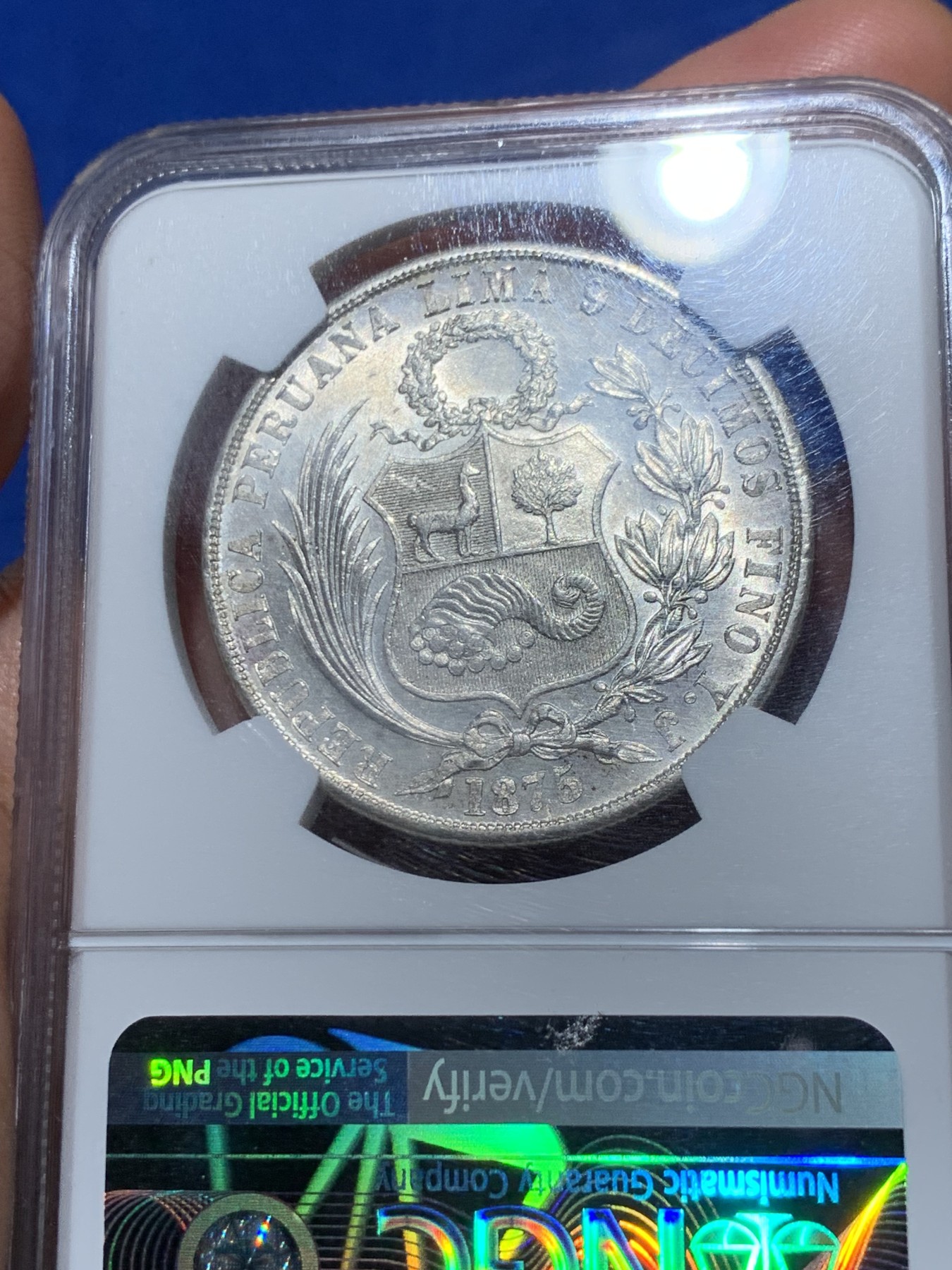 《竞宝斋》第240场-周日，周一 年终尾场 (全场包邮) NGC MS64 秘鲁1875年1索尔 早期高银版 高分