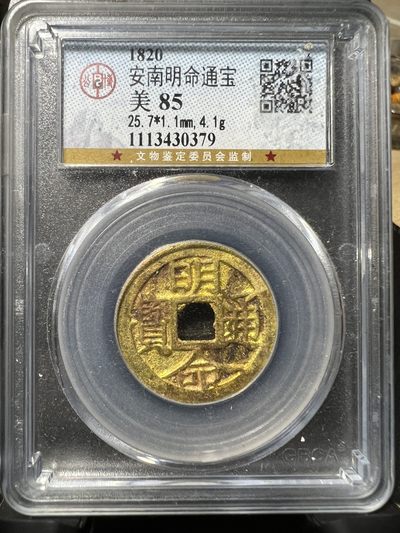 安南 明命通宝 水裱金 古钱币 公博评级 盒子币 打制币 中孔 美85分 保老保真 - 安南 明命通宝 水裱金 古钱币 公博评级 盒子币 打制币 中孔 美85分 保老保真