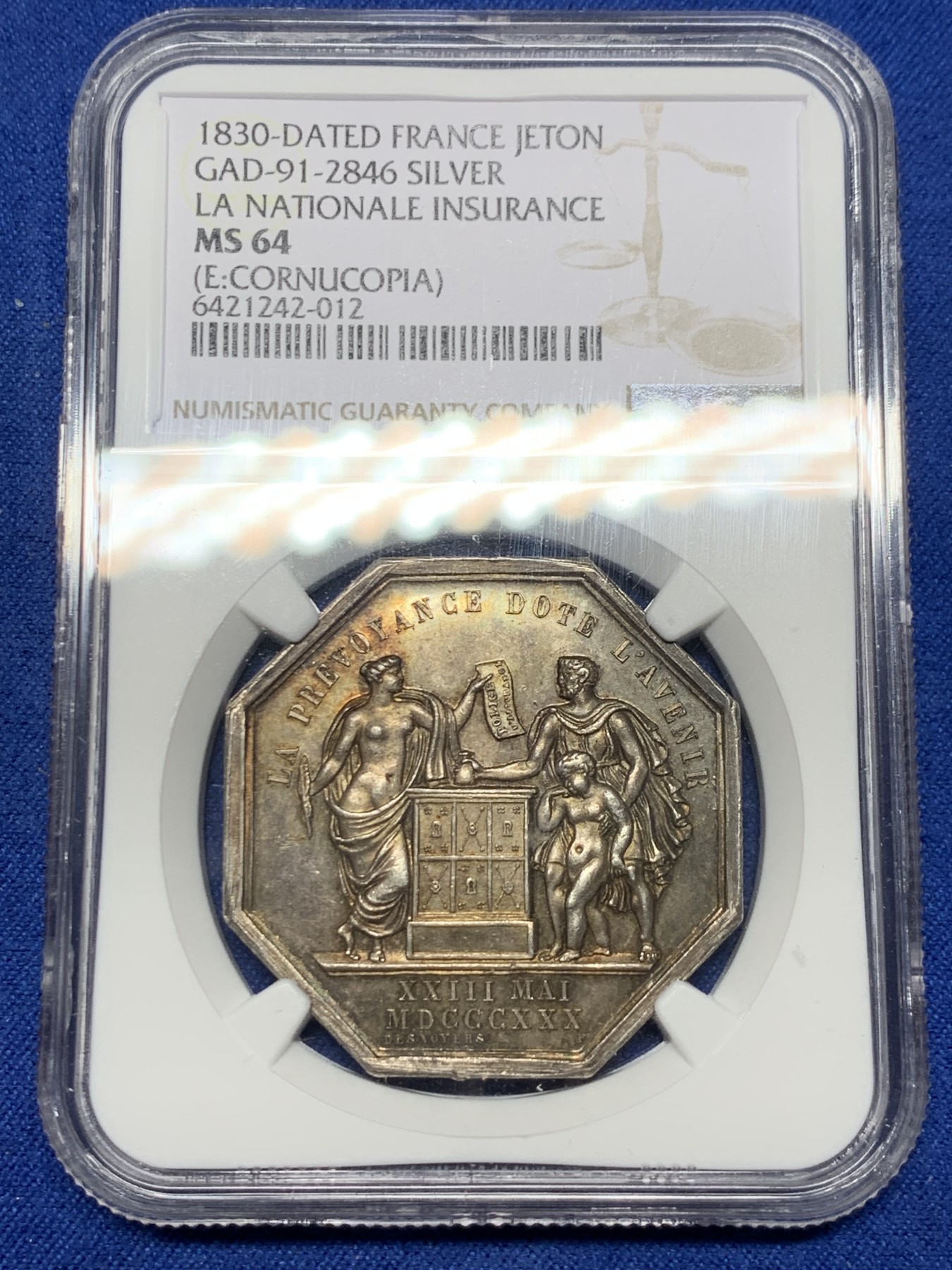 《竞宝斋》第240场-周日，周一 年终尾场 (全场包邮) NGC MS64 法国1830人寿保险八角银质代币