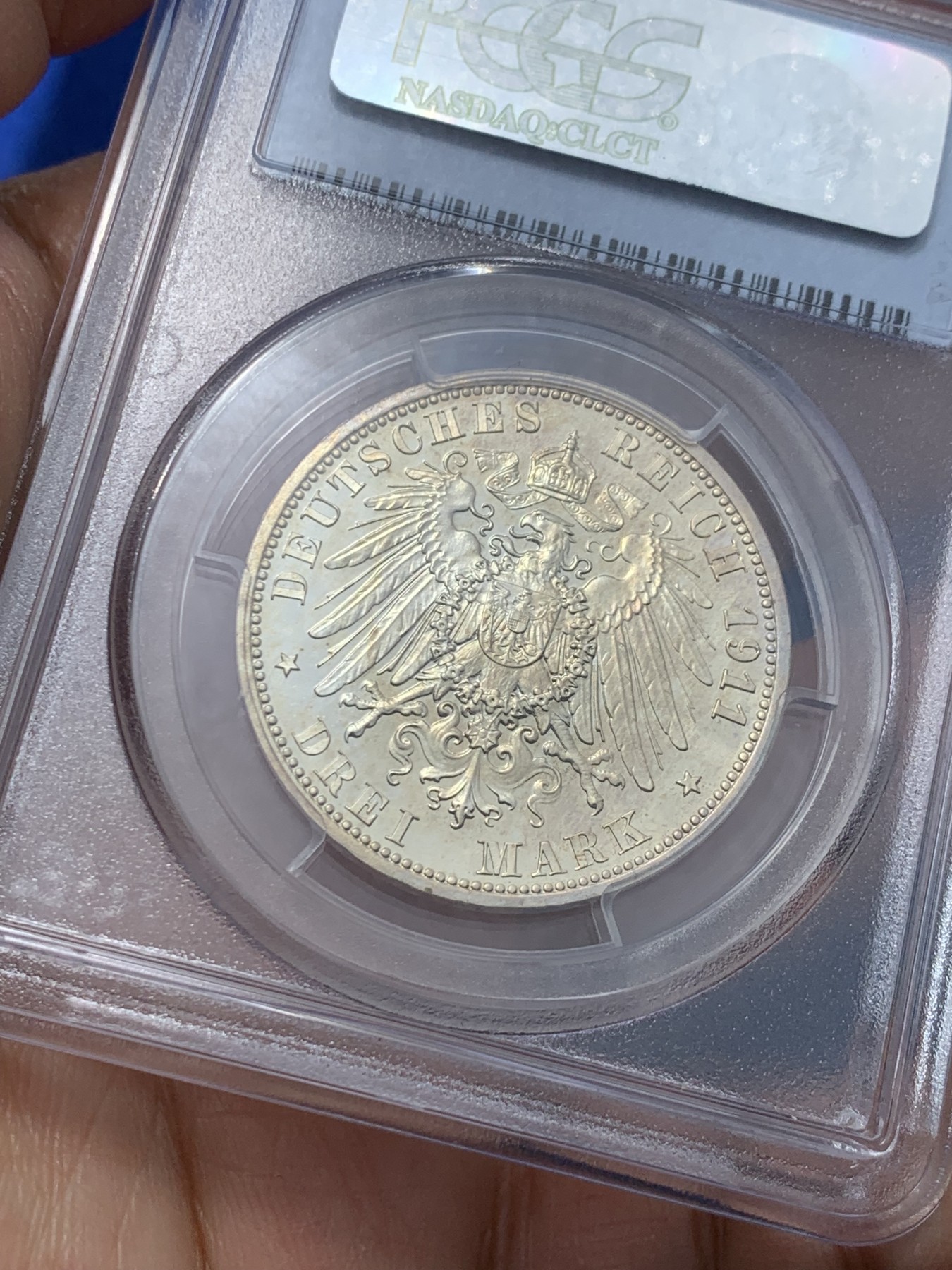 《竞宝斋》第240场-周日，周一 年终尾场 (全场包邮) PCGS-PR64CAM,德国1911年绍姆堡利普纪念3马克精制银币，金色包浆闪闪亮