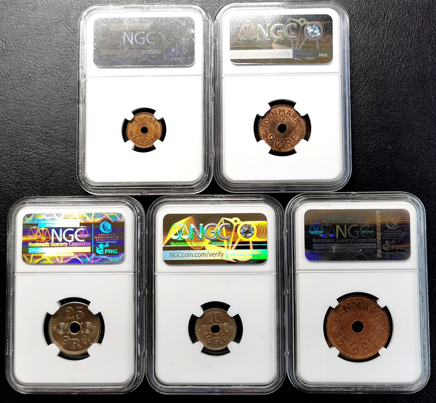 凡希社世界钱币微拍第二百六十期 荐！1941丹属法罗群岛五枚全套NGC-MS62/65 筋币1欧尔亚军，25欧尔冠军分，难得全套MS收藏级品相！