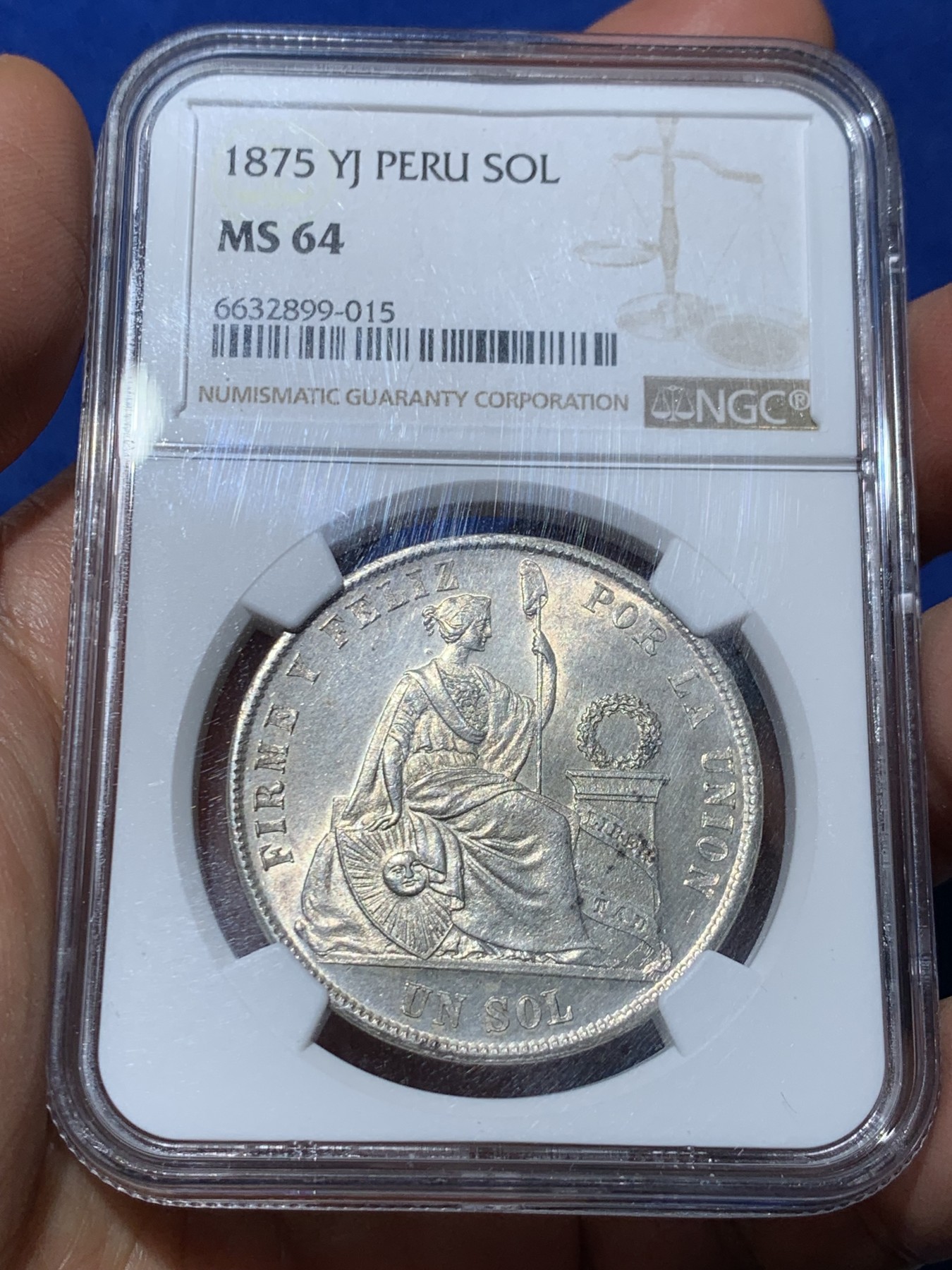 《竞宝斋》第240场-周日，周一 年终尾场 (全场包邮) NGC MS64 秘鲁1875年1索尔 早期高银版 高分