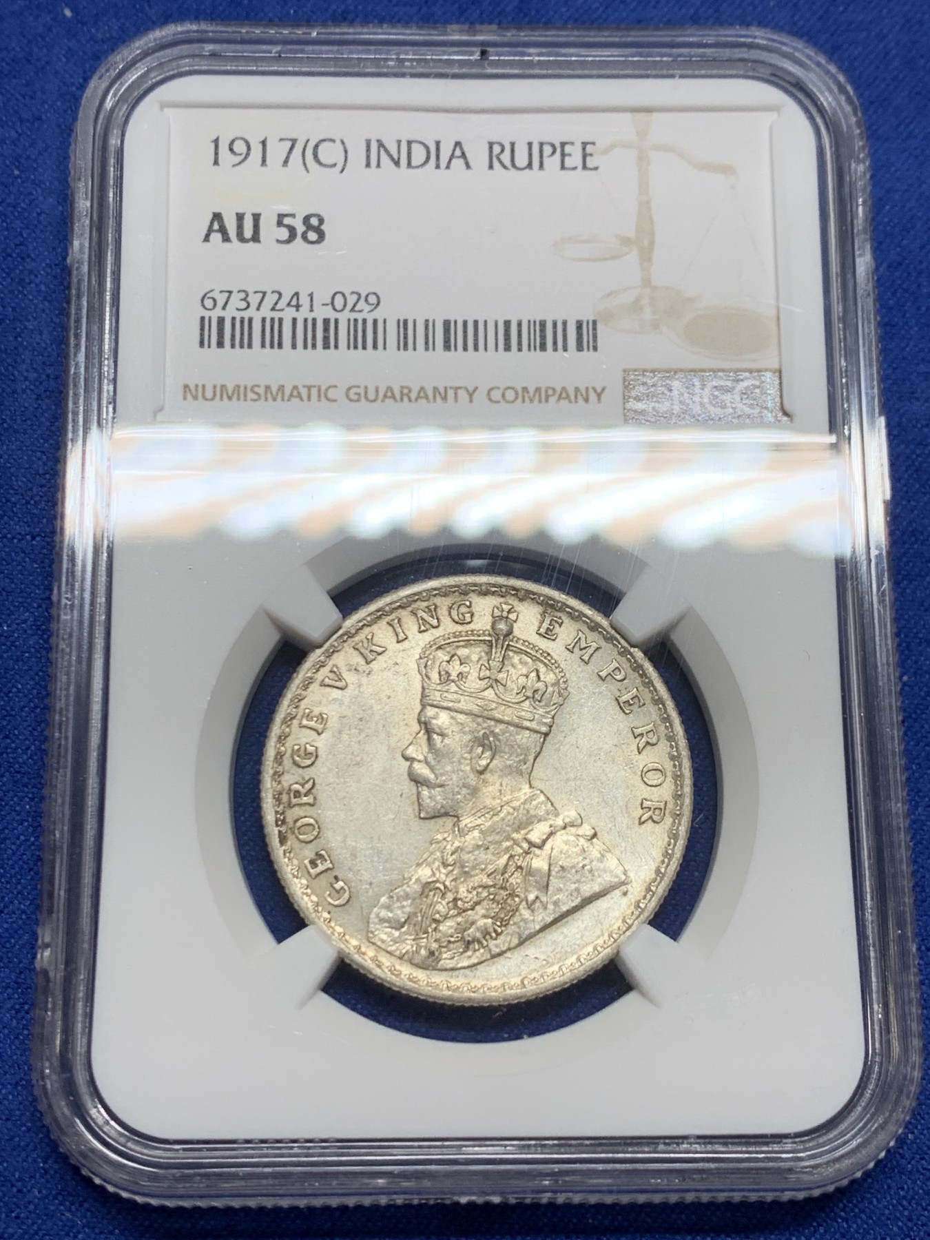 《竞宝斋》第240场-周日，周一 年终尾场 (全场包邮) NGC AU58 英属印度 1917年 C版 乔五 1卢比银币