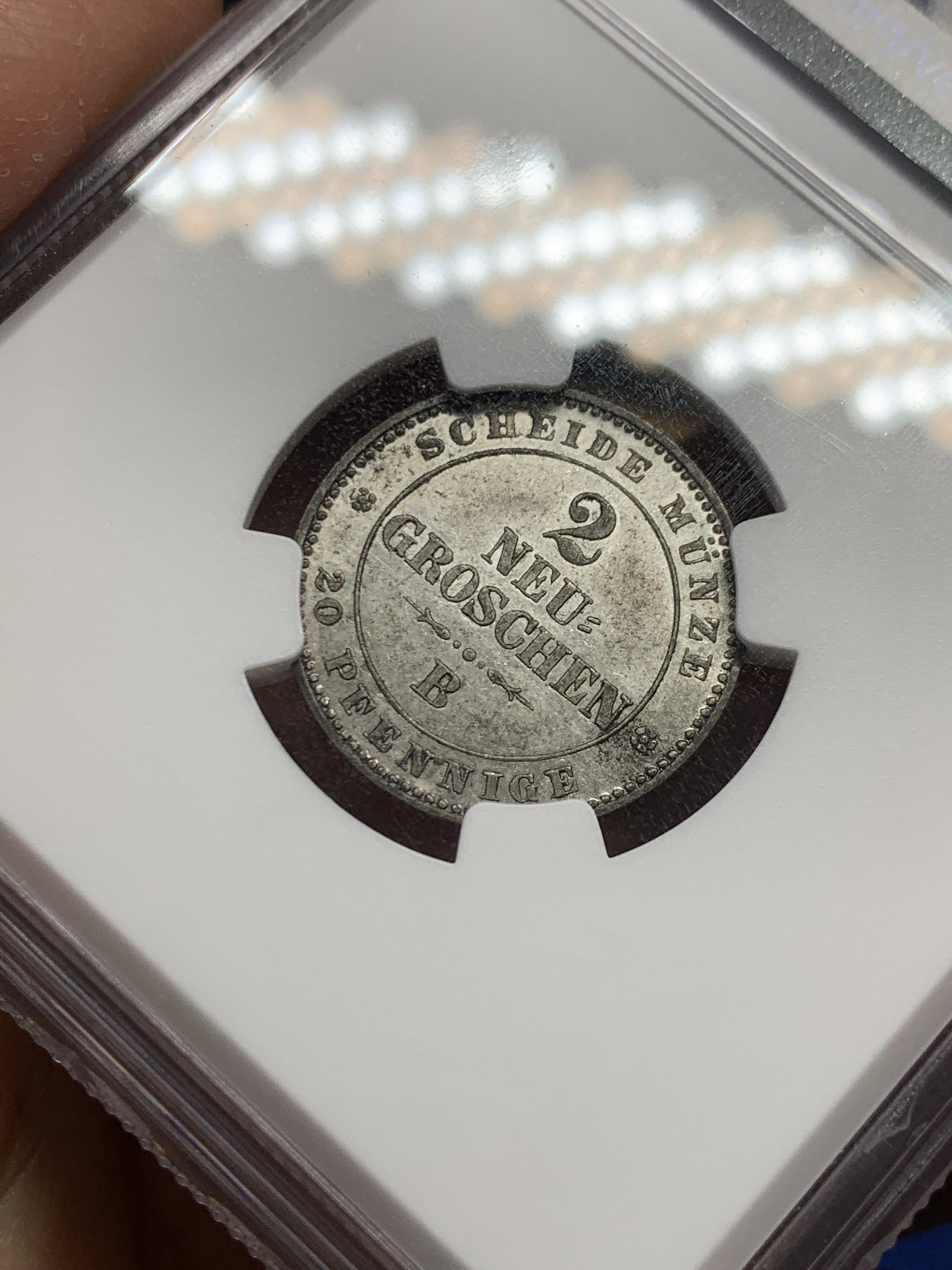 《竞宝斋》第240场-周日，周一 年终尾场 (全场包邮) NGC MS62 德国1863年萨克森2NG银币 PL底板 稀少品种 不容错过