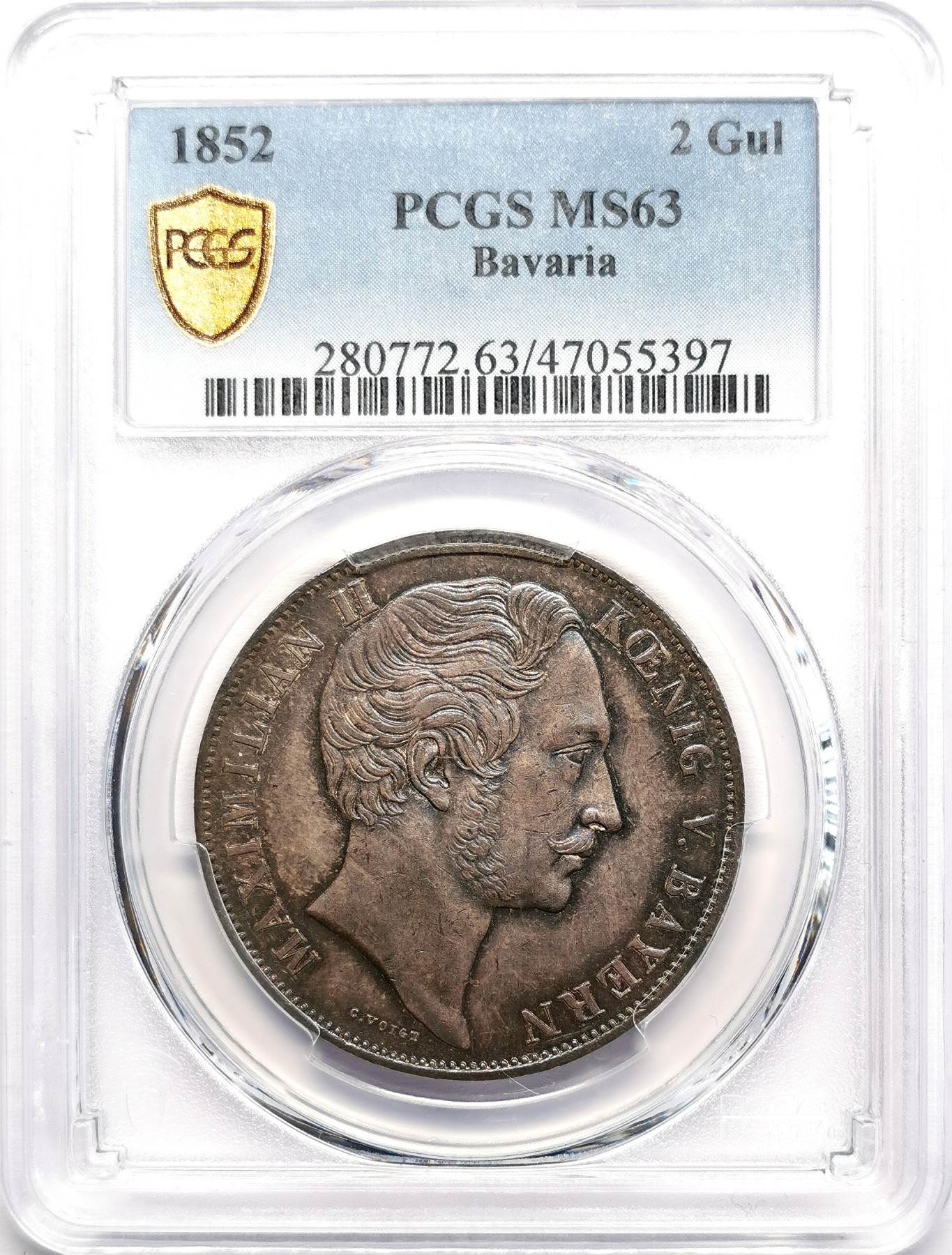 凡希社世界钱币微拍第二百六十期 1852巴伐利亚流通版双狮盾徽2古尔登大银PCGS-MS63，五彩浓郁，养眼吸睛！