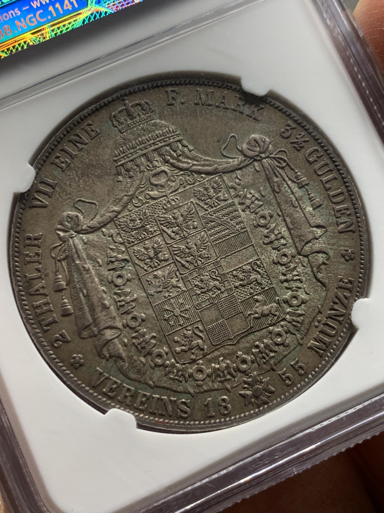 《竞宝斋》第240场-周日，周一 年终尾场 (全场包邮) NGC MS63 德国1855普鲁士 洋葱头 2泰勒大窗帘银币 老盒封装双面深彩 均匀的灰绿包浆 难得状态